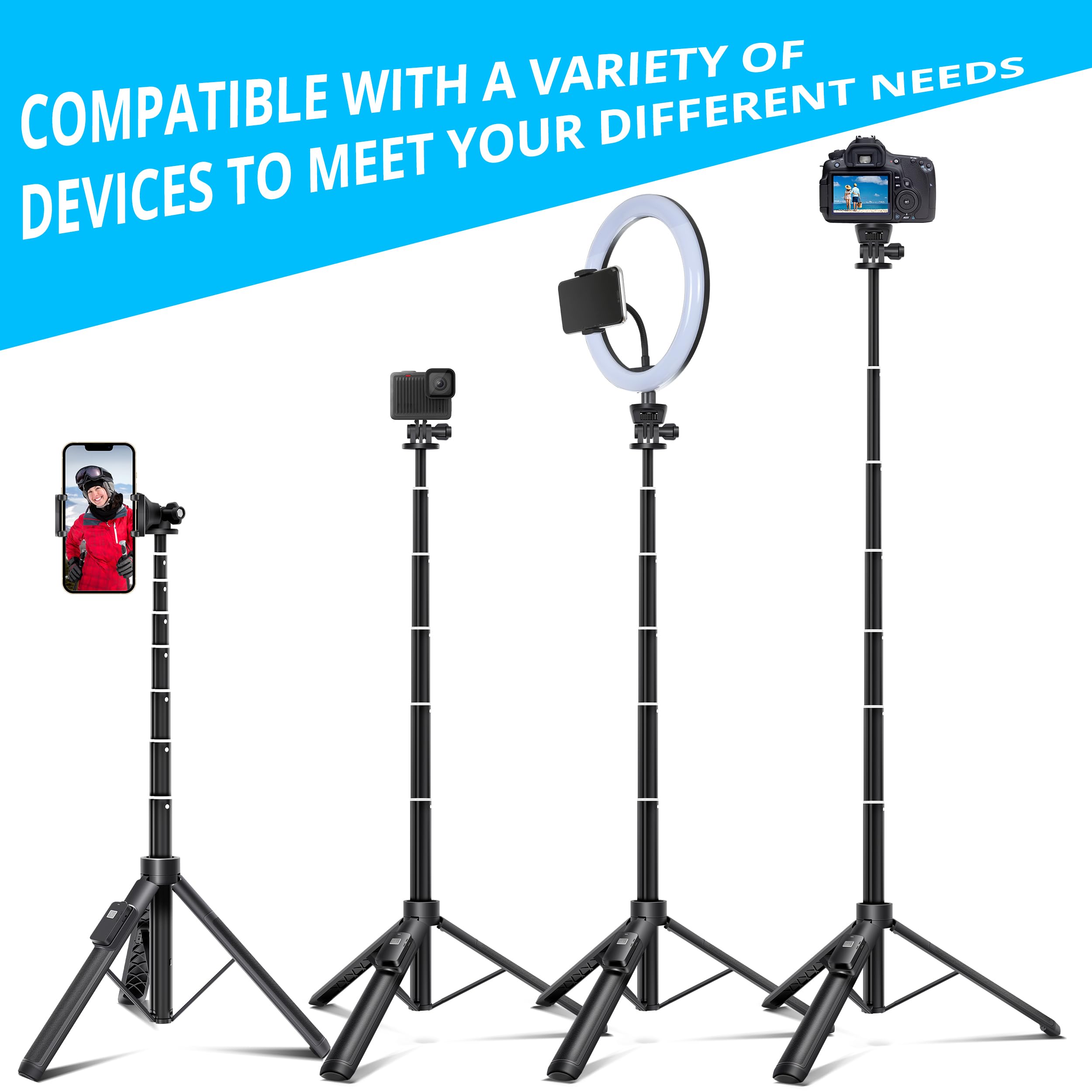 Alptoy 62-Inch Selfie Stick And Tripod Legs For Cell Phone And Camera, Portable Travel Tripod Stand, Remote Control, Compatible With Iphone & Android And Camera (Black)