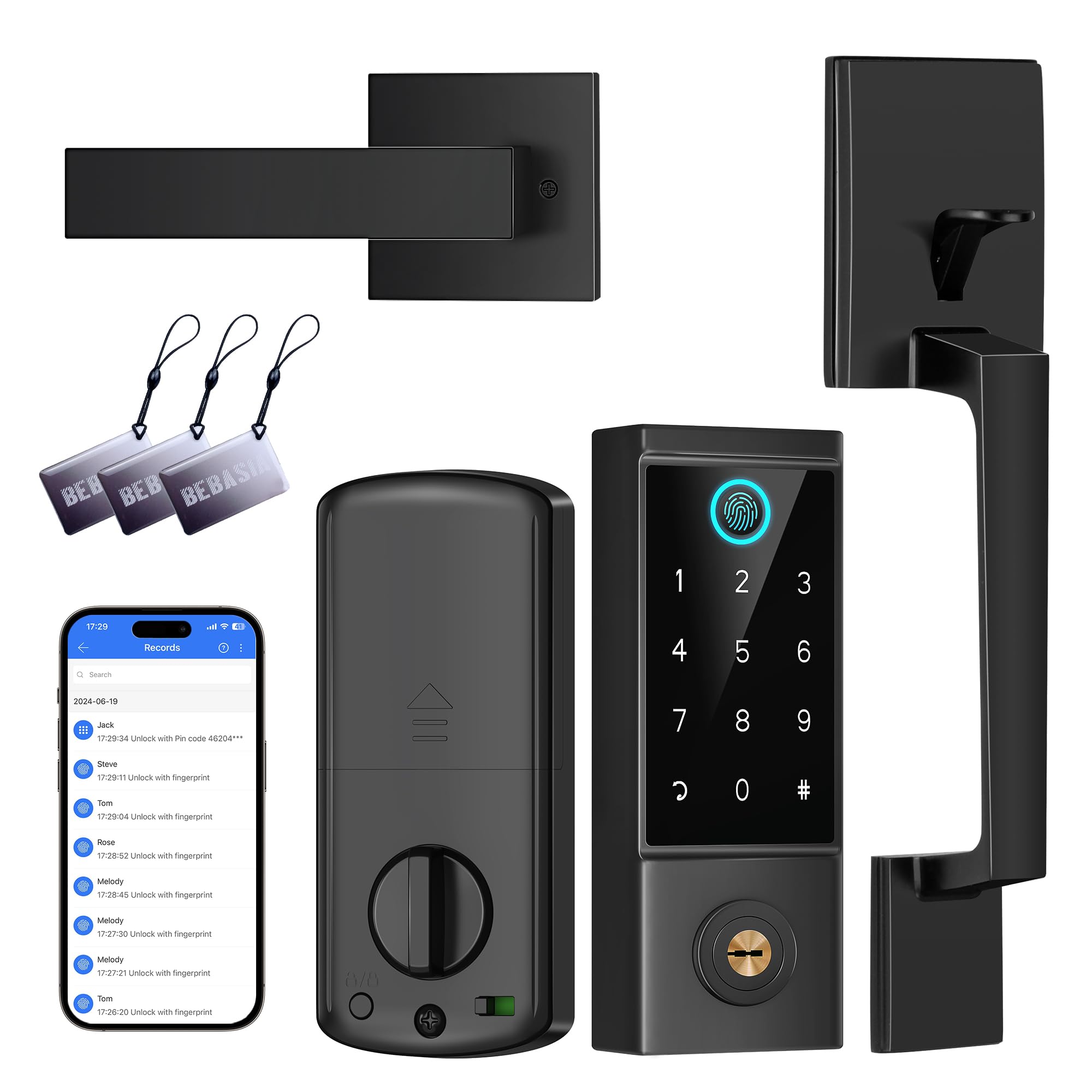Bebasia Smart Door Lock With Front Door Handle Set, Heavy Duty Fingerprint Handleset, Keyless Entry Door Lock, Smart Deadbolt For Front Door, Bluetooth Keypad Digital Lock Black