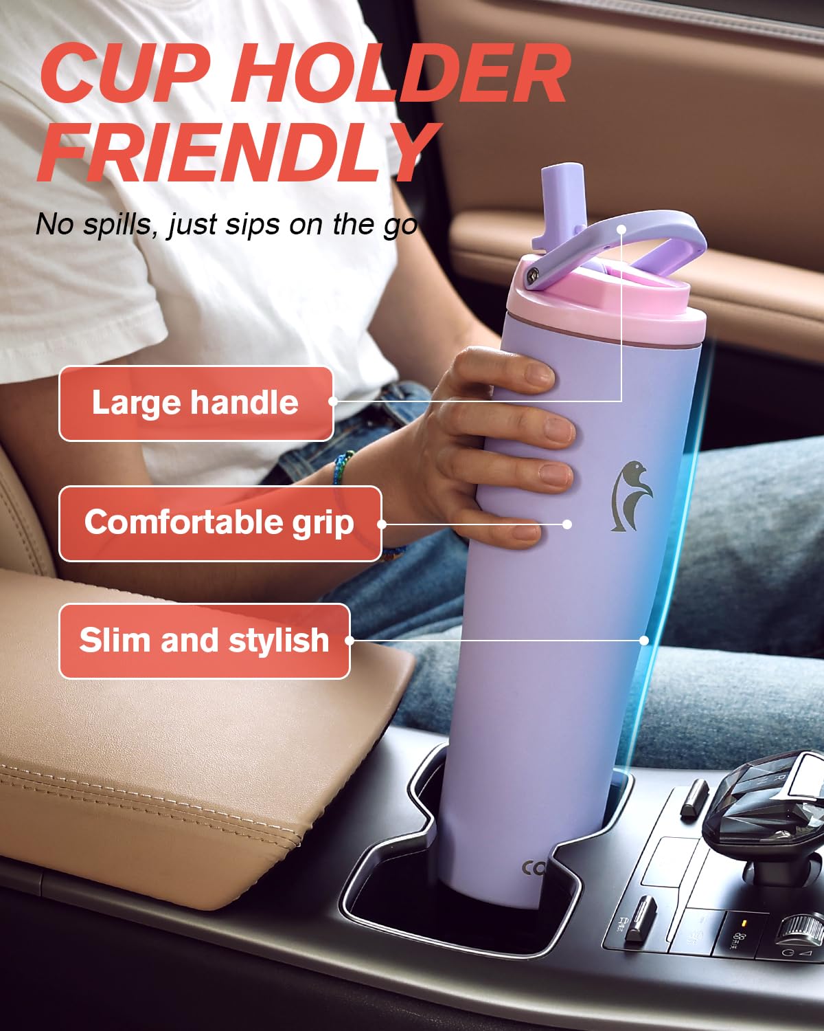 Coolflask Slima - 40Oz Insulated Water Bottle Stainless Steel Tumblers With Straw & Handle Fits