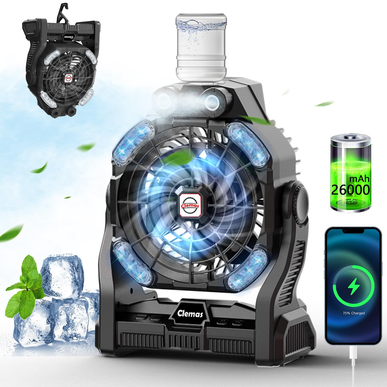 Large Camping Fan With Mister Rechargeable Long Lasting Portable Battery Powered Water Misting Fan - Koospark