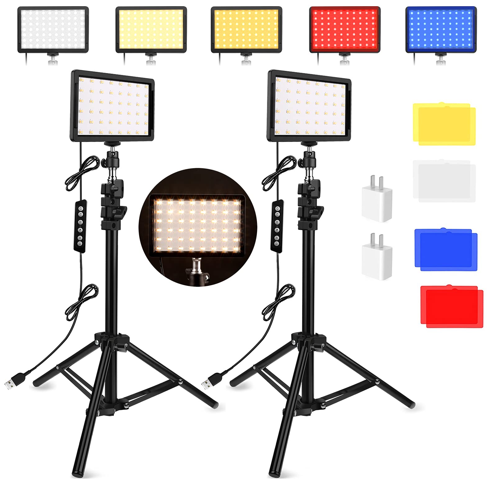 Unicucp 2 Pack Led Video Light, Photography Lighting Kit, 2400-6800K Dimmable Studio Light 97 Cri With Tripod Stand/Color Filters For Youtube/Stream Zoom Call/Vlogging/Video Conference Lighting