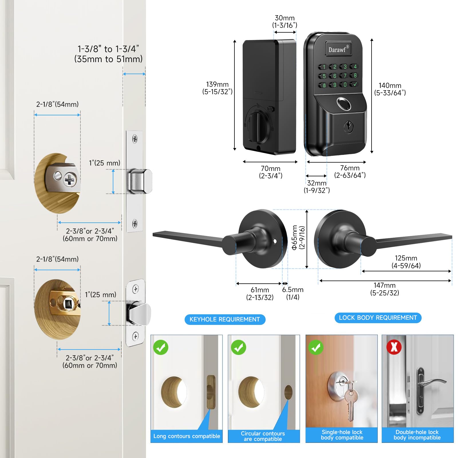 Darawf Fingerprint Door Lock With 2 Lever Handles - Keyless Entry Smart Deadbolt,Electronic Keypad Lock With Auto Lock,Bluetooth,App Control,Digital Code,Password,Key,Front Door Handle Set,Easy Installation