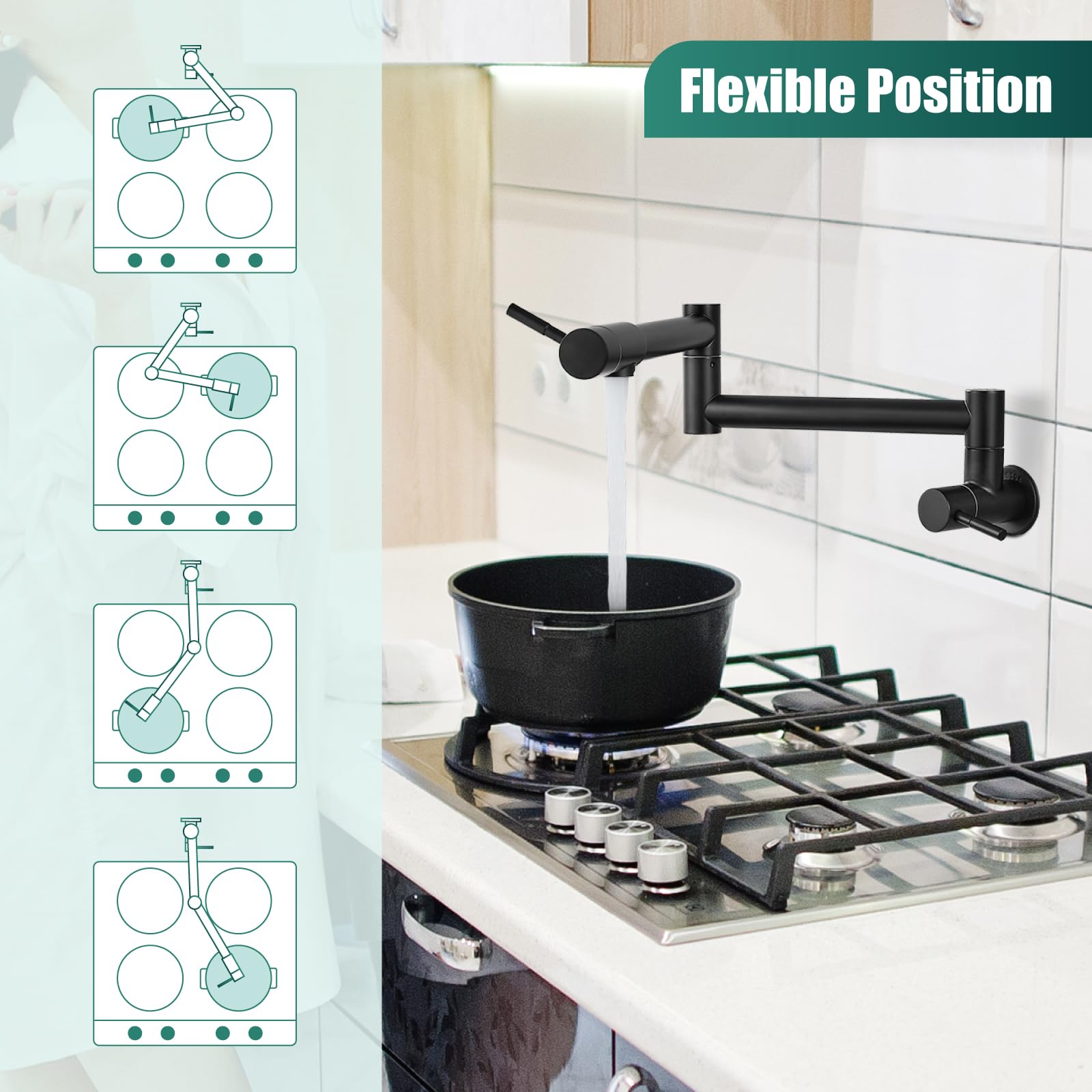 Heyalan Pot Filler 19 Inch Wall Mount Folding Stretchable Kitchen Restaurant Faucet Stainless Steel Pot Filler Double Joint Swing Arm Two Handles Commercial Npt,Straight Handle,Matte Black