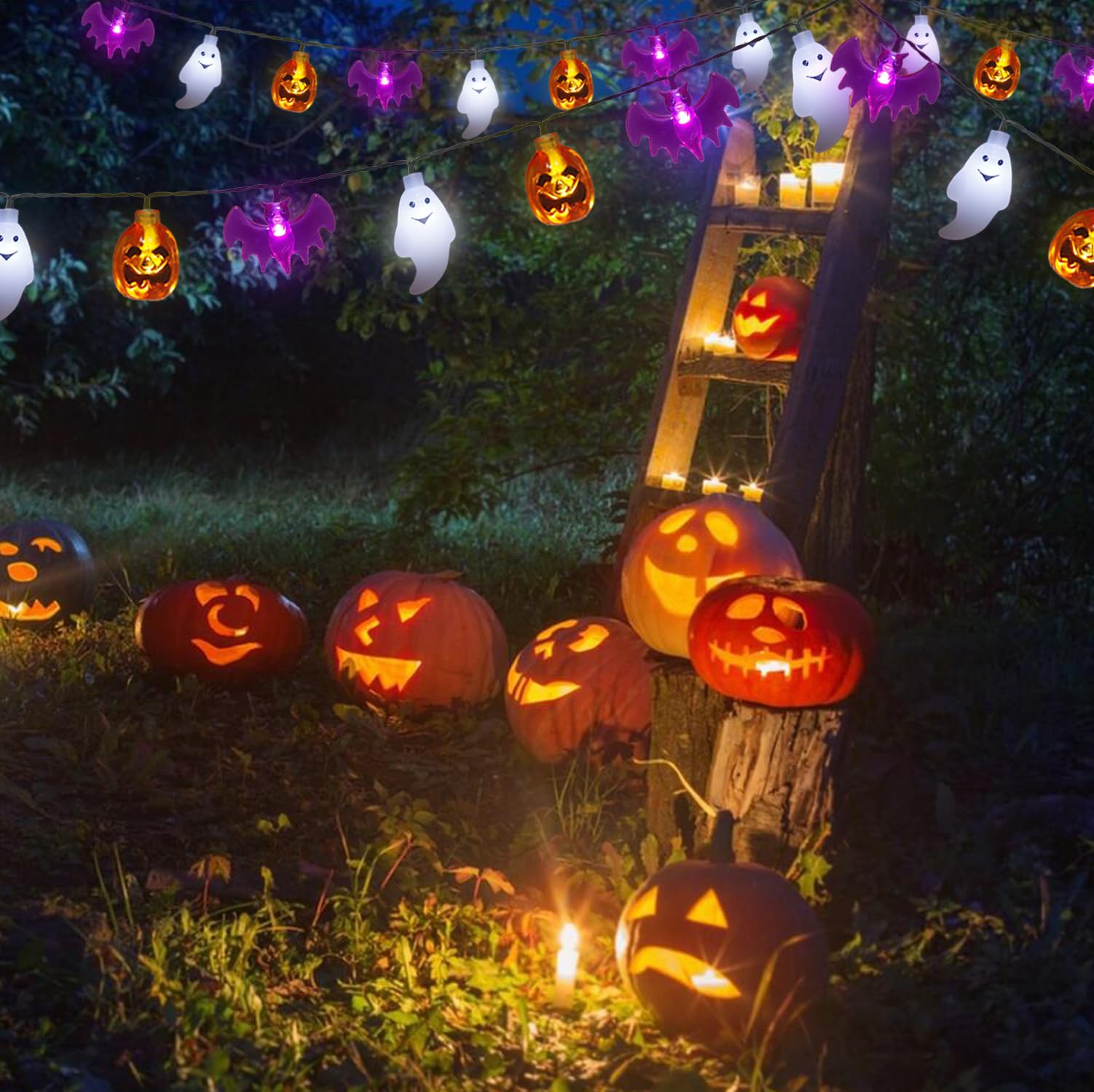 Mankinlu 21 Ft 30 Led 3D Pumpkin Bat Ghost Halloween String Lights, Waterproof Solar Powered, Indoor/Outdoor