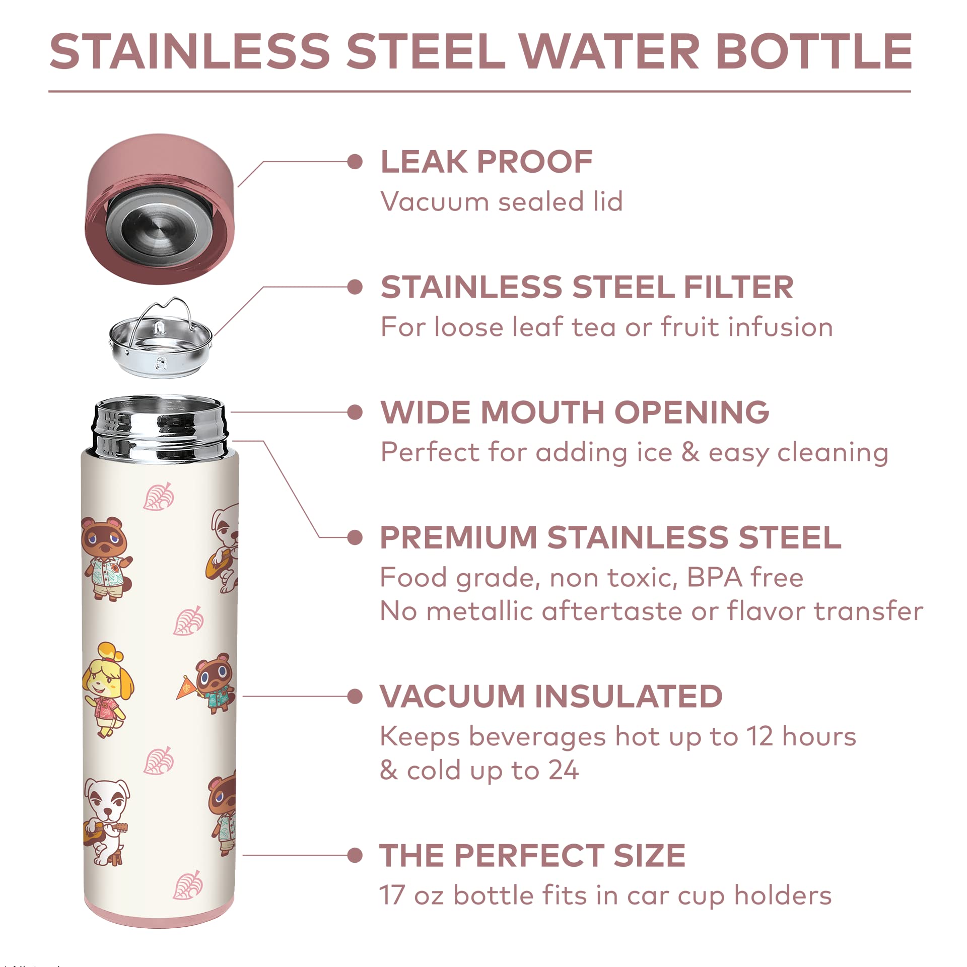 Animal Crossing 17Oz, Insulated, Stainless Steel, Leak Proof, Water Bottle (Island Idols)