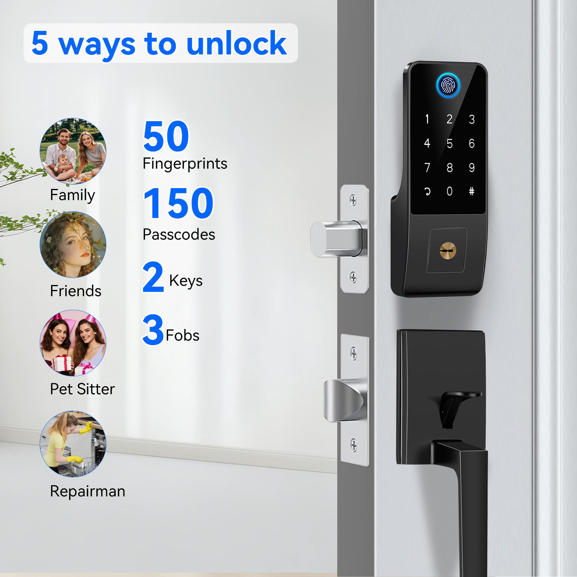 Yosimika Smart Lock For Front Door,5-In-1 Keyless Entry Door Lock Deadbolt,App Controll Keypad Deadbolt Lock With Handle,Smart Digital Code Deadbolt,Black