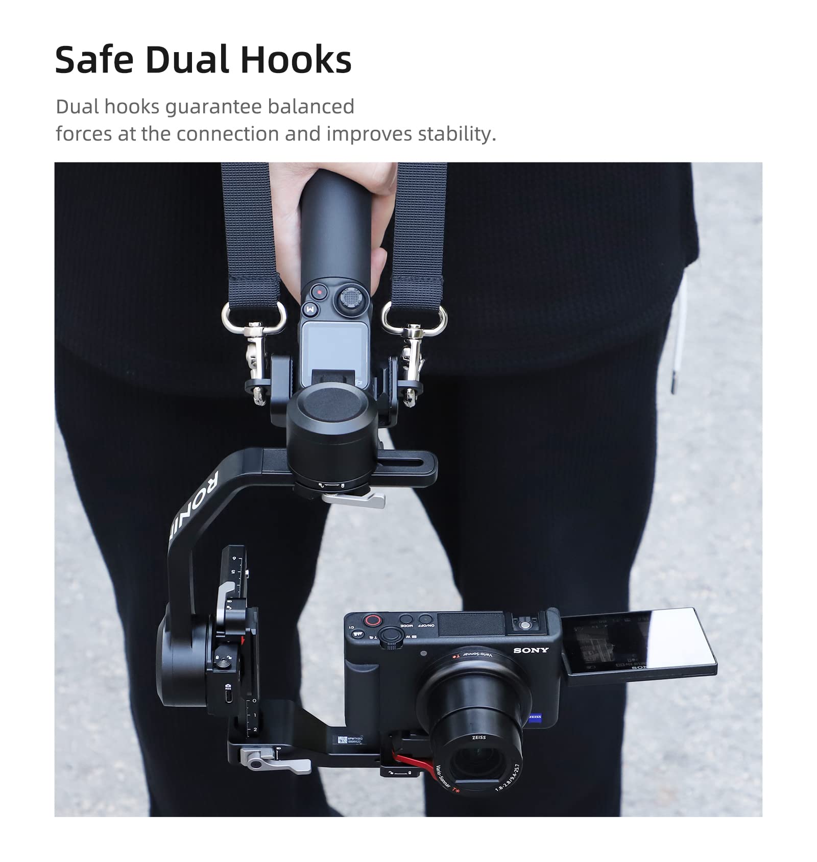 Anbee Ronin Rs 3/4 Pro Mini Neck Strap, Adjustable Dual-Hook Carry Strap With Fixed Metal Ring For Dji Ronin Rs3 / Rs 4/4 Pro Mini Handheld 3-Axis Gimbal Stabilizer