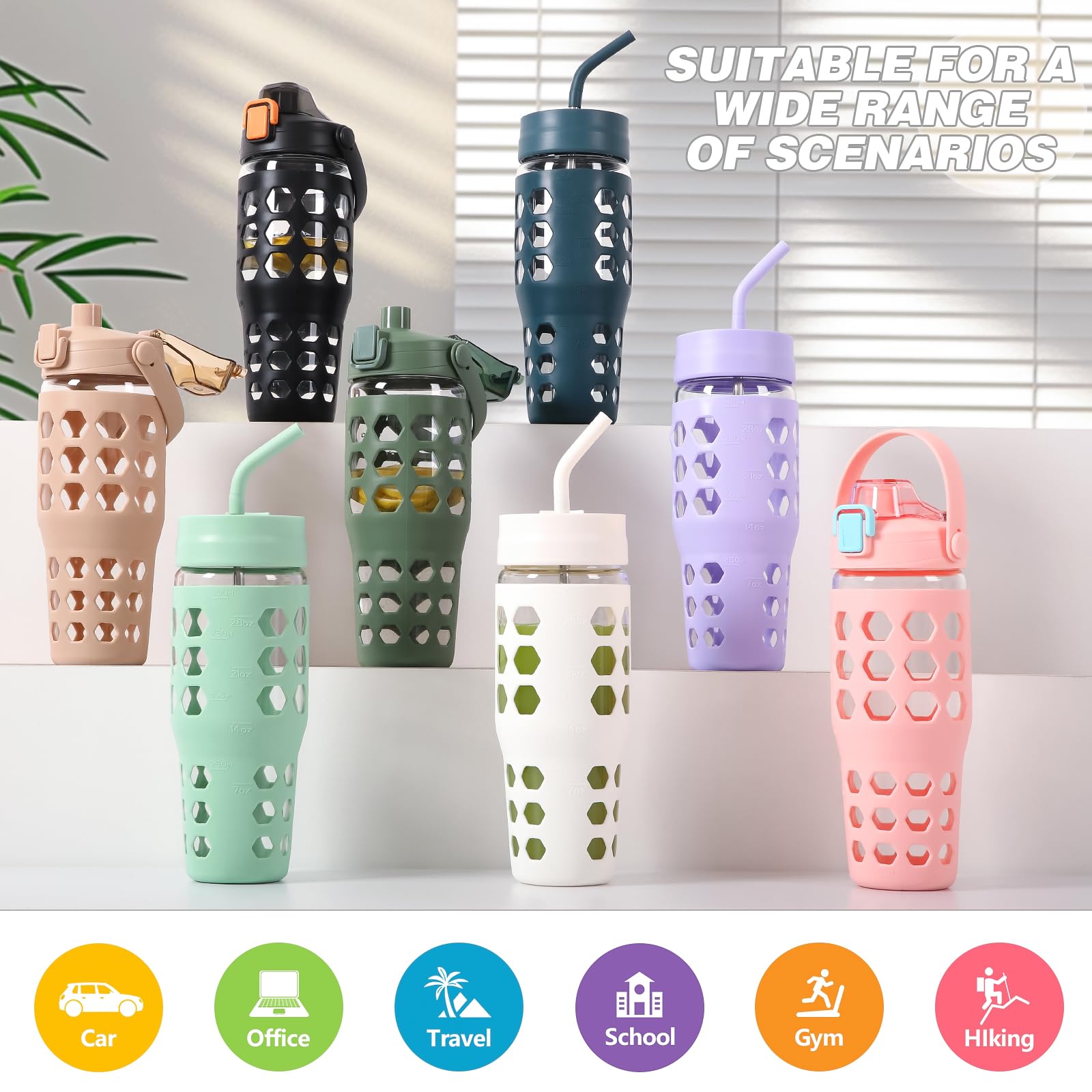 Mukoko 32 Oz Glass Tumbler With Straw,Glass Water Bottles With Time Marker,Iced Coffee Cup