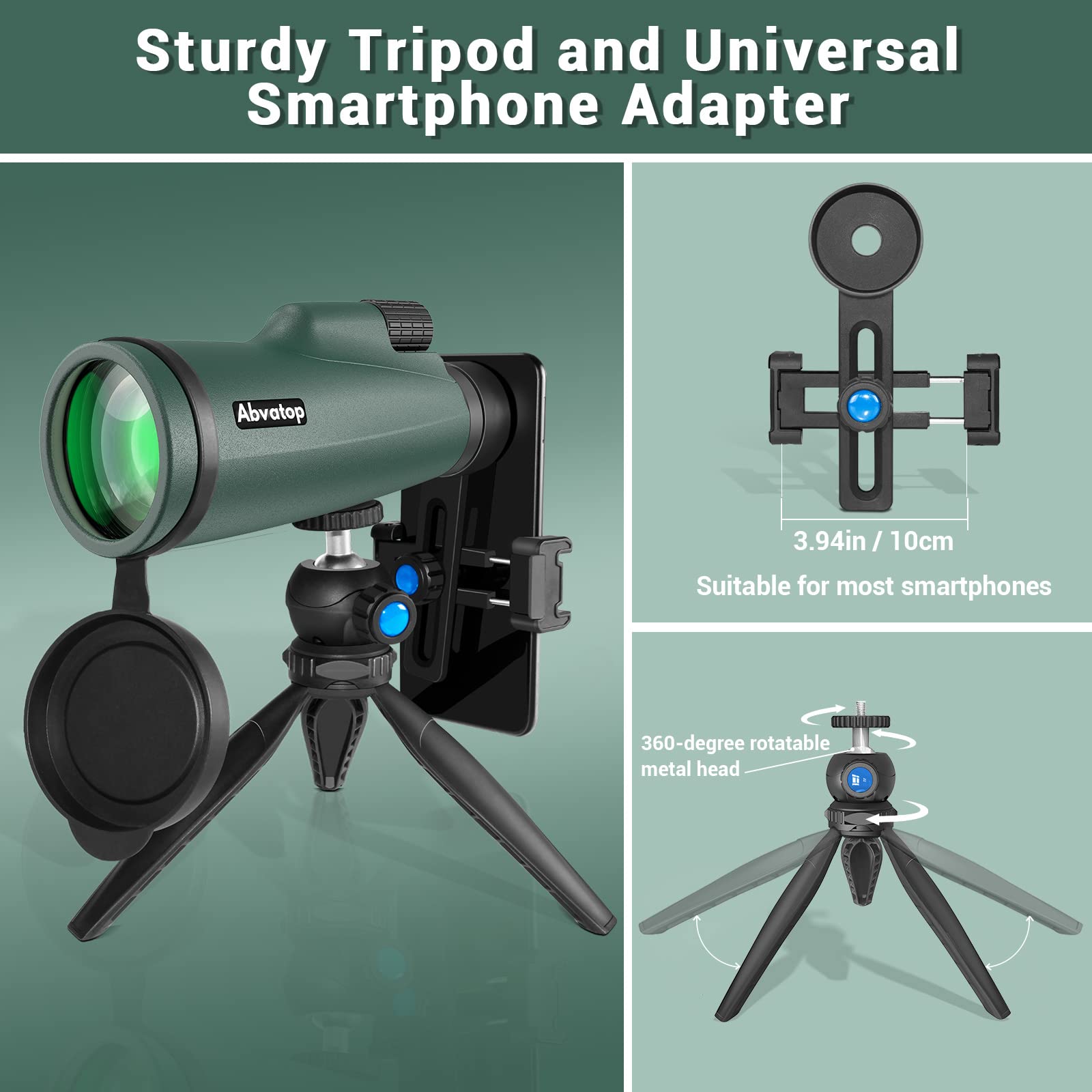 Abvatop 15X50 Monocular Telescope For Smartphone, Monoculars For Adults High Powered High-Definition Portable Handheld Telescope With Phone Adapter Bak4 Prism Fmc Lens For Hiking Hunting Camping Bird Watching