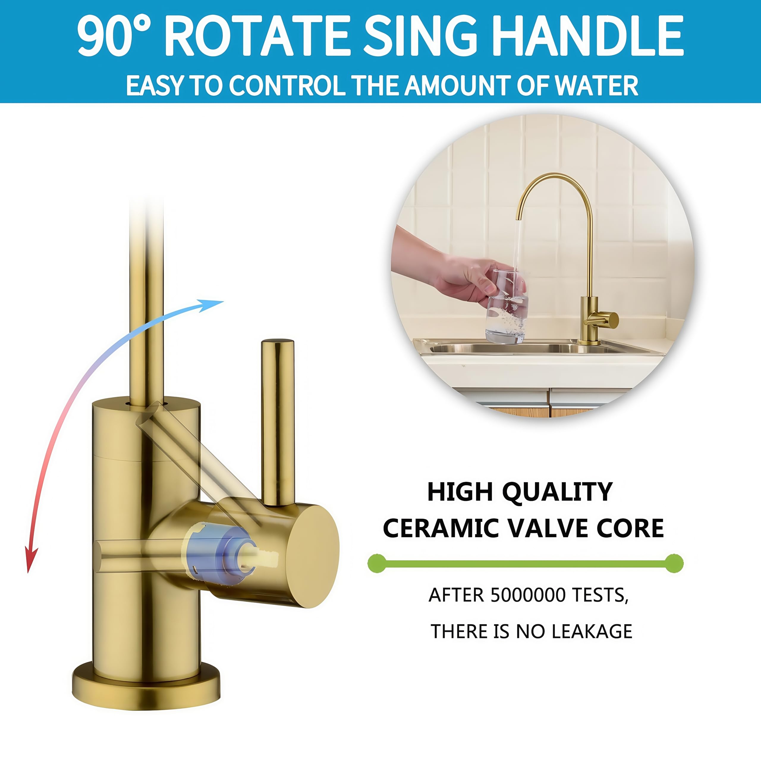 Pirooso Brushed Brass Water Filter Faucet - 360° Swivel Drinking Water Faucet For Kitchen Sinks, Compatible With Most Reverse Osmosis & Under Sink Filtration Systems, Elegant Brushed Gold Finish