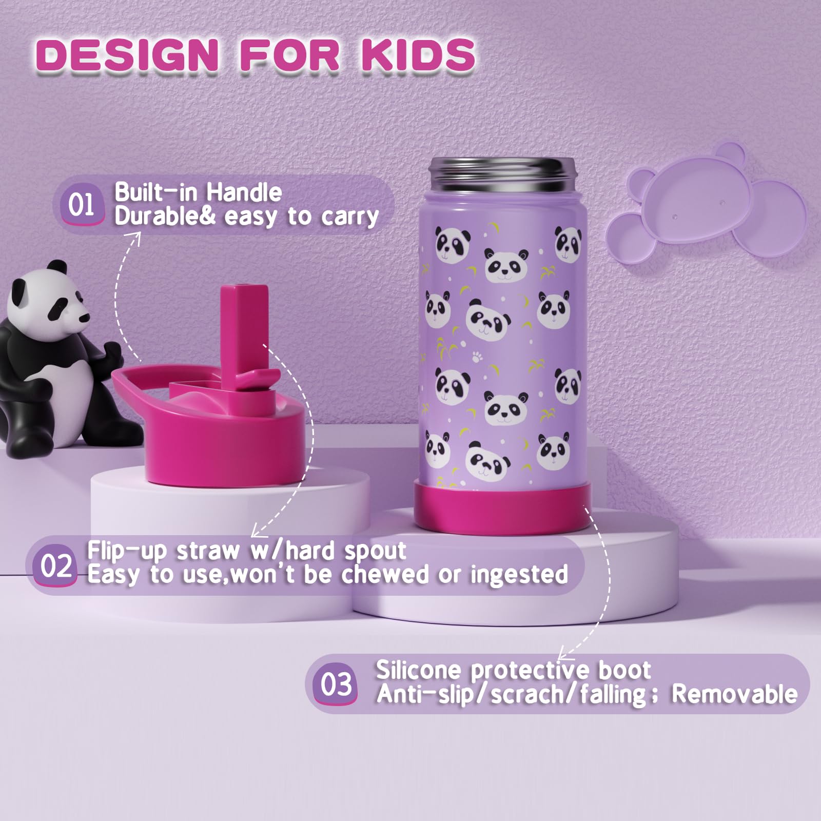 Kids Insulated Water Bottle With Straw Lid, 14Oz Double Wall Stainless Steel Cup With Boot & Strap