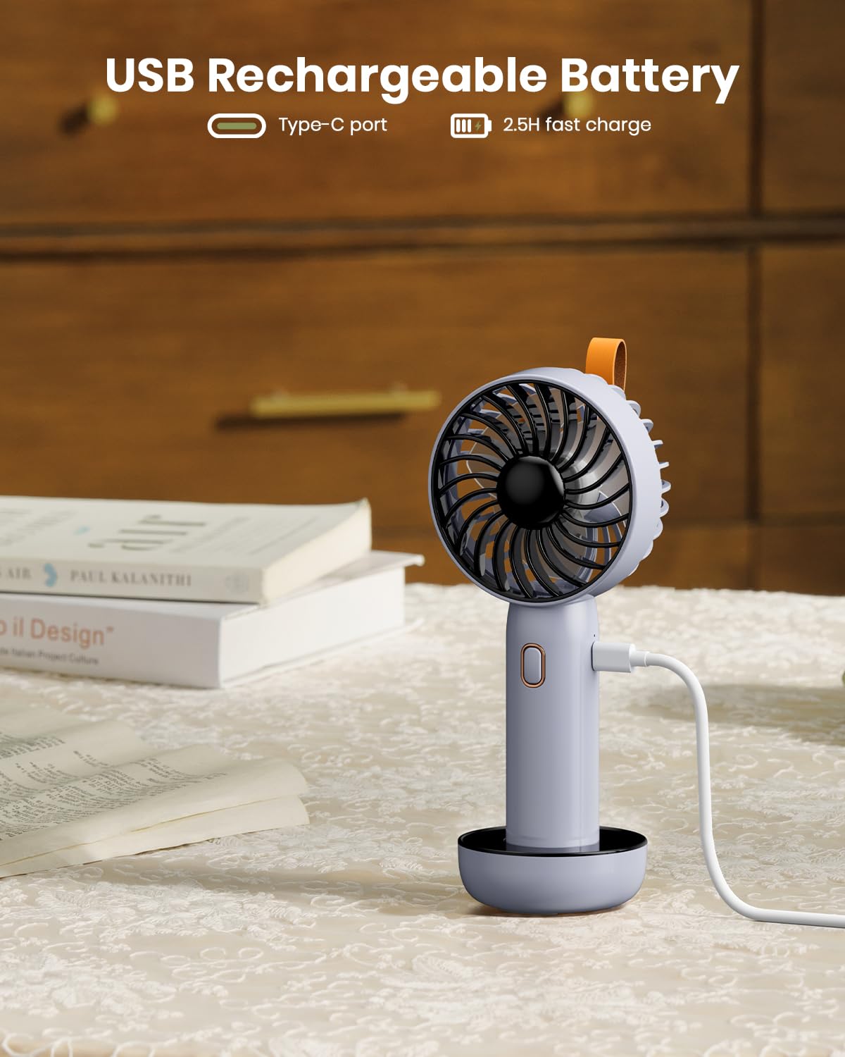 Retro Portable Fan, Mini Personal Handheld And Desktop With Base, 3 Powerful Speed, Usb Rechargeable