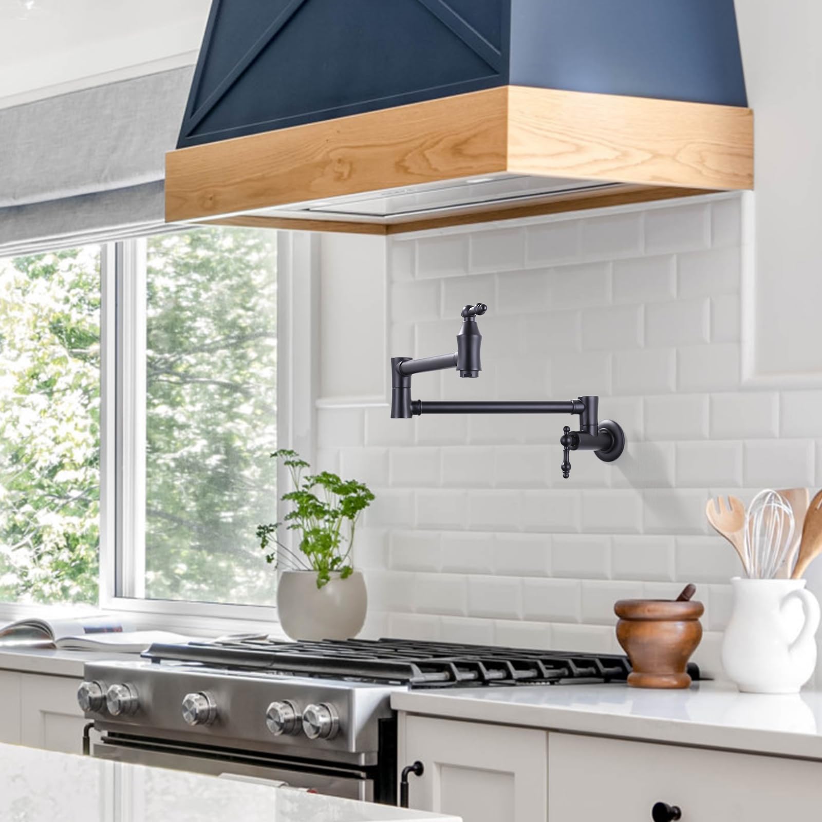 Arcora Brass Pot Filler Faucet Black: Wall Mount Commercial Pot Filler With Double Joint Swing Arms - Traditional 2 Handle Kitchen Pot Faucet Over Stove