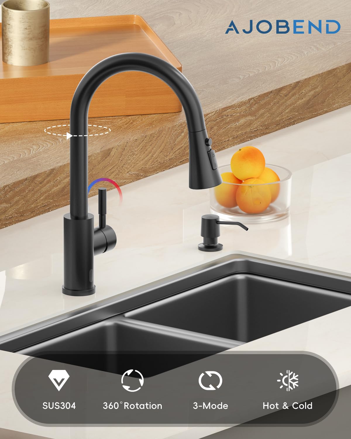 Ajo Bend Touchless Matte Black Kitchen Sink Faucet With Pull Down Sprayer, Motion Sensor Touch On Faucets For Kitchen Sink, 360° Swivel Spout