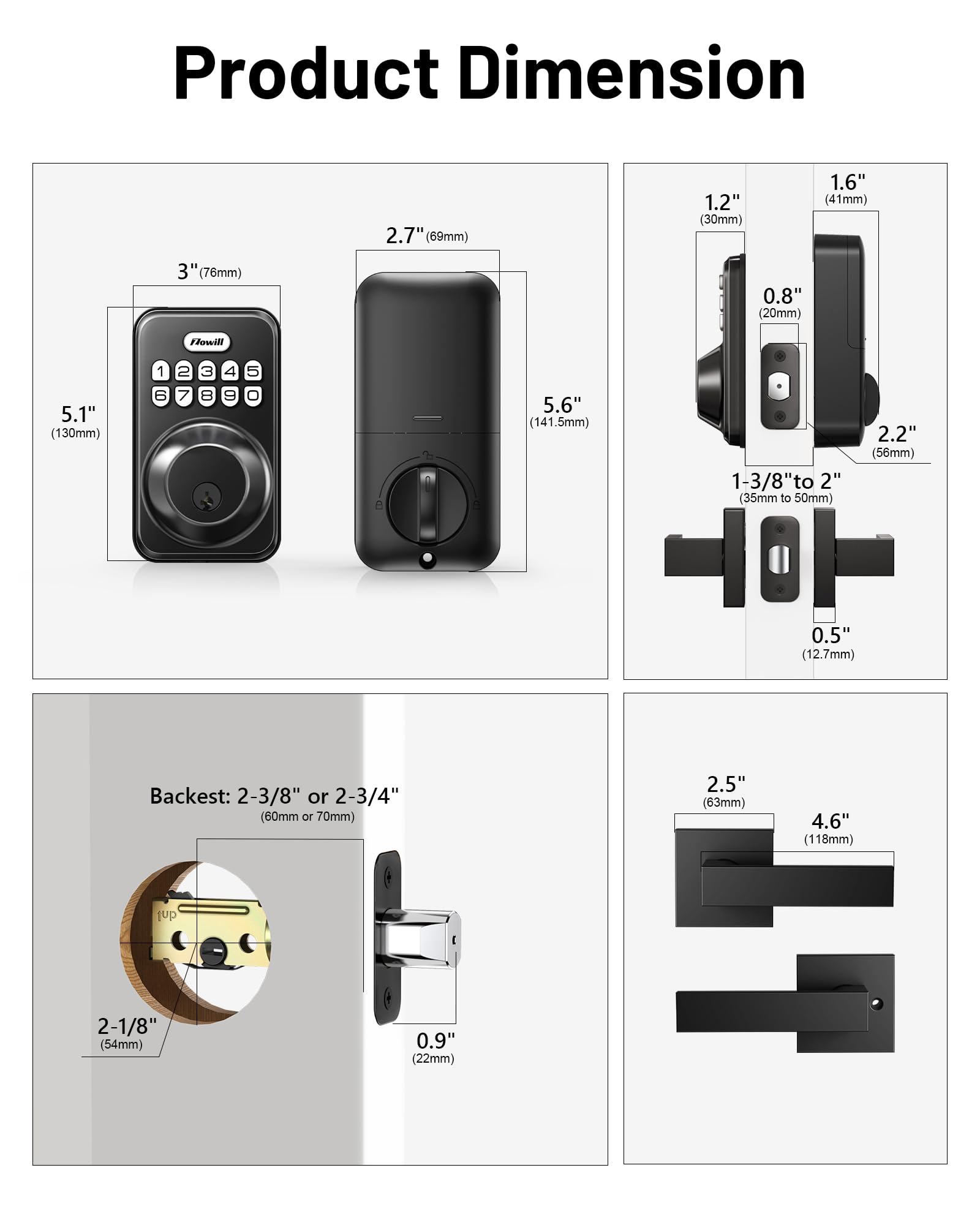 Zowill Keyless Entry Door Lock With 2 Lever Handles, Electronic Keypad Deadbolt, Auto-Locking, Anti-Peeping Password, Digital Code Door Lock, Front Door Handle Sets, Matte Black