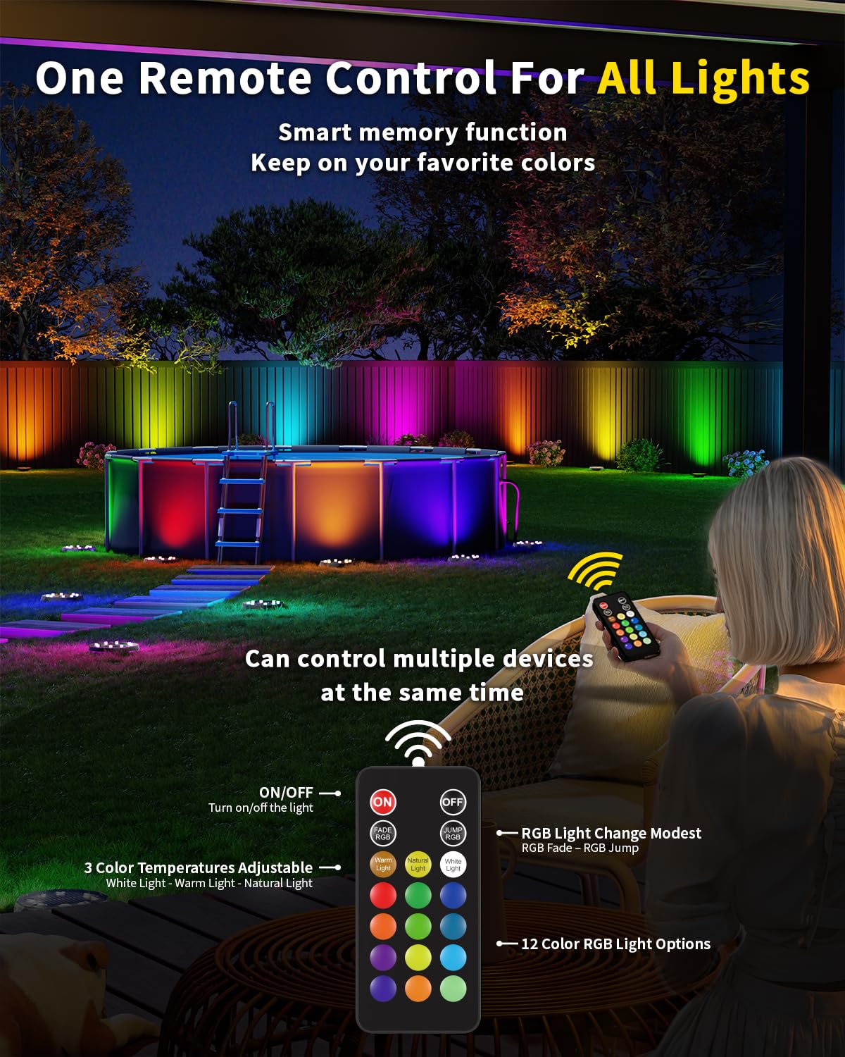 Hicotet Solar Ground Lights With Remote Control 50Ft,Ip67 Waterproof Solar Garden 15 Multi Color Lights,Rgbyw Solar Powered Outdoor Landscape Lighting For Pathway,Yard,Deck,Lawn,Patio,Walkway,Poolside,14 Pack