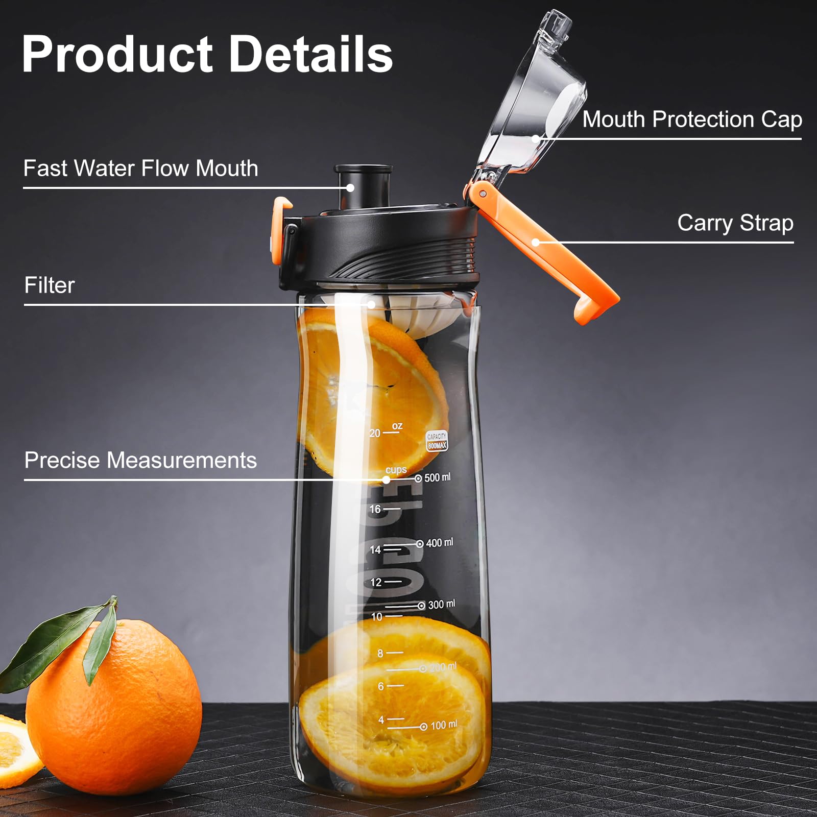 27Oz Reusable Plastic Water Bottle, Clear With Measurements, Sports Bottle For Running, Gym, Hiking
