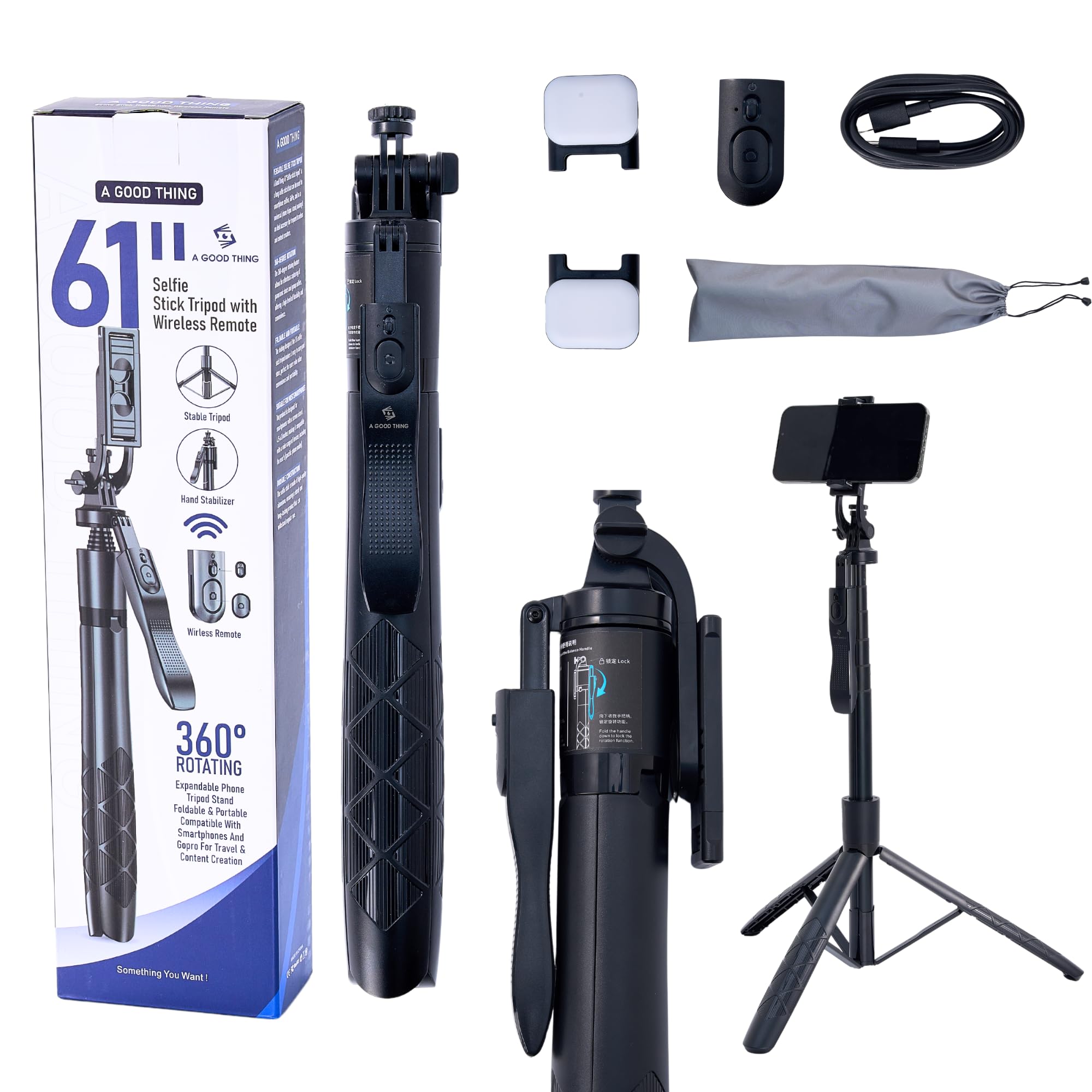 A Good Thing 61" Selfie Stick Tripod With Wireless Remote - 360° Rotating Phone Tripod Stand, Foldable & Portable Design - Compatible With Smartphones, Gopro, Beauty Lights - Travel & Content Creation Essential