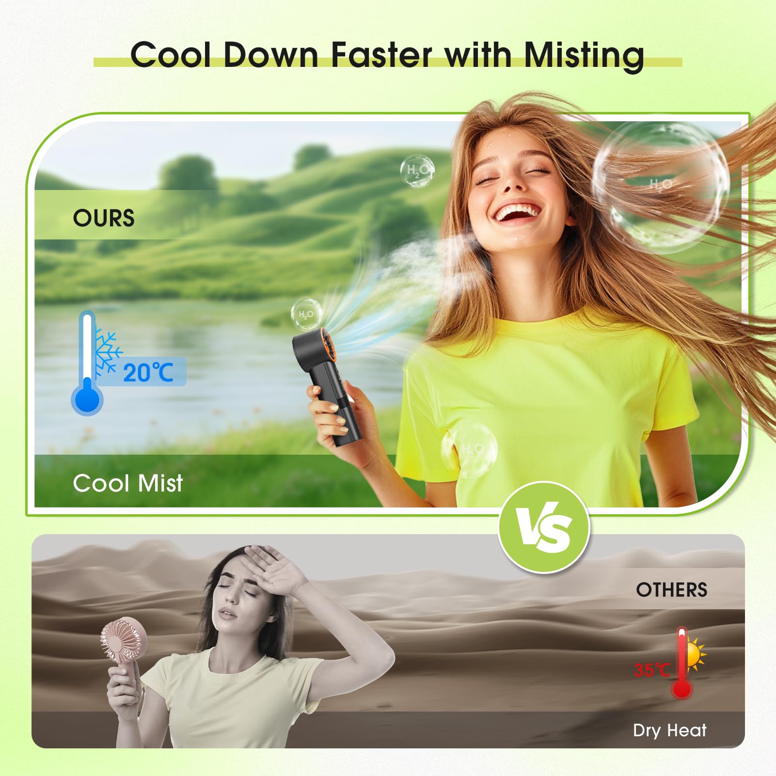 Portable Ausic handheld misting fan with high-speed turbo, 3-speed settings, and mist for personal cooling