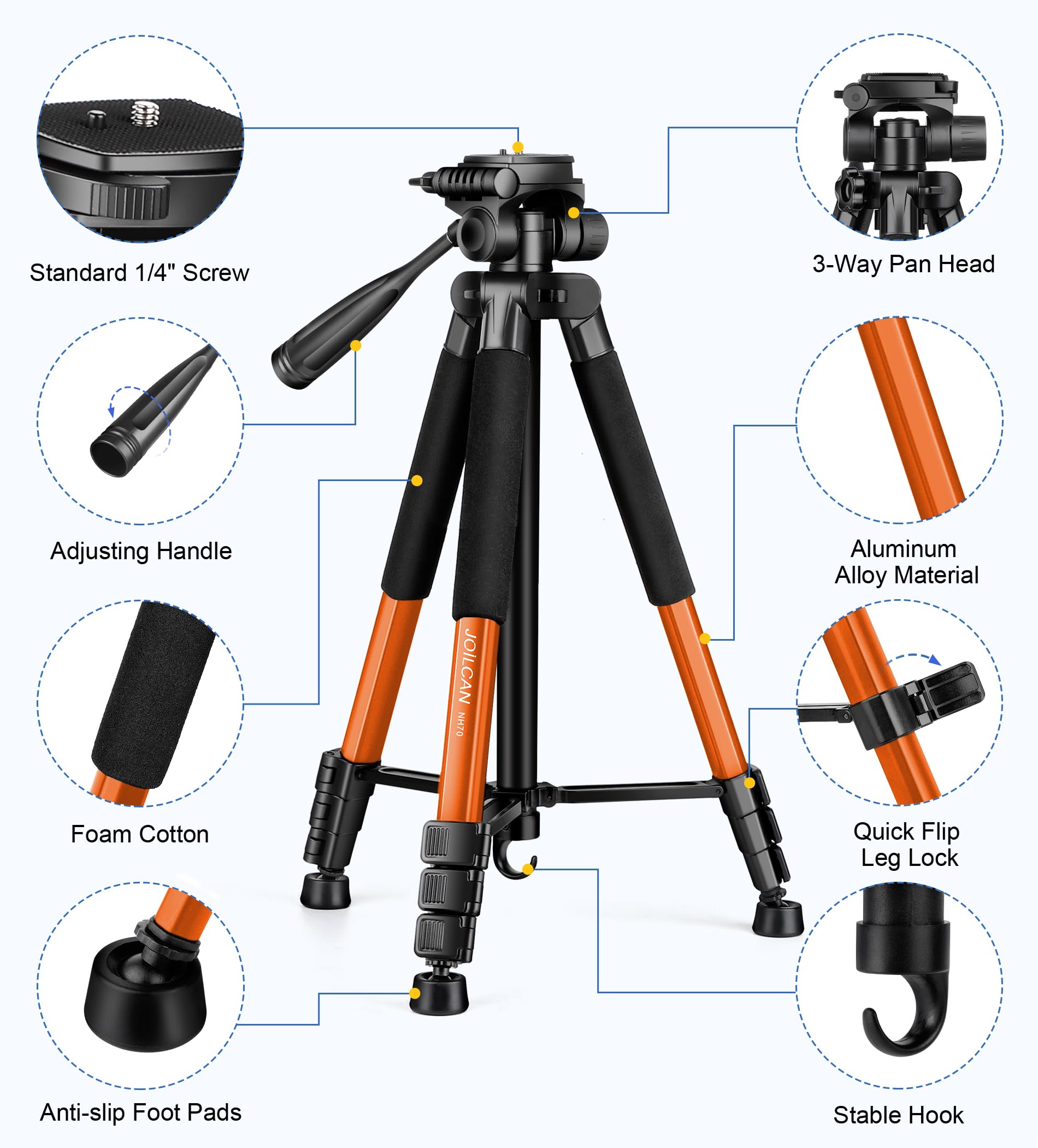 Joilcan Tripod For Camera, 67" Heavy Duty Camera Tripod, Phone Tripods For Video Recording Photo Vlog, Aluminum Tripods With Holder & Travel Bag For Cameras Dslr Iphone Projector Laser