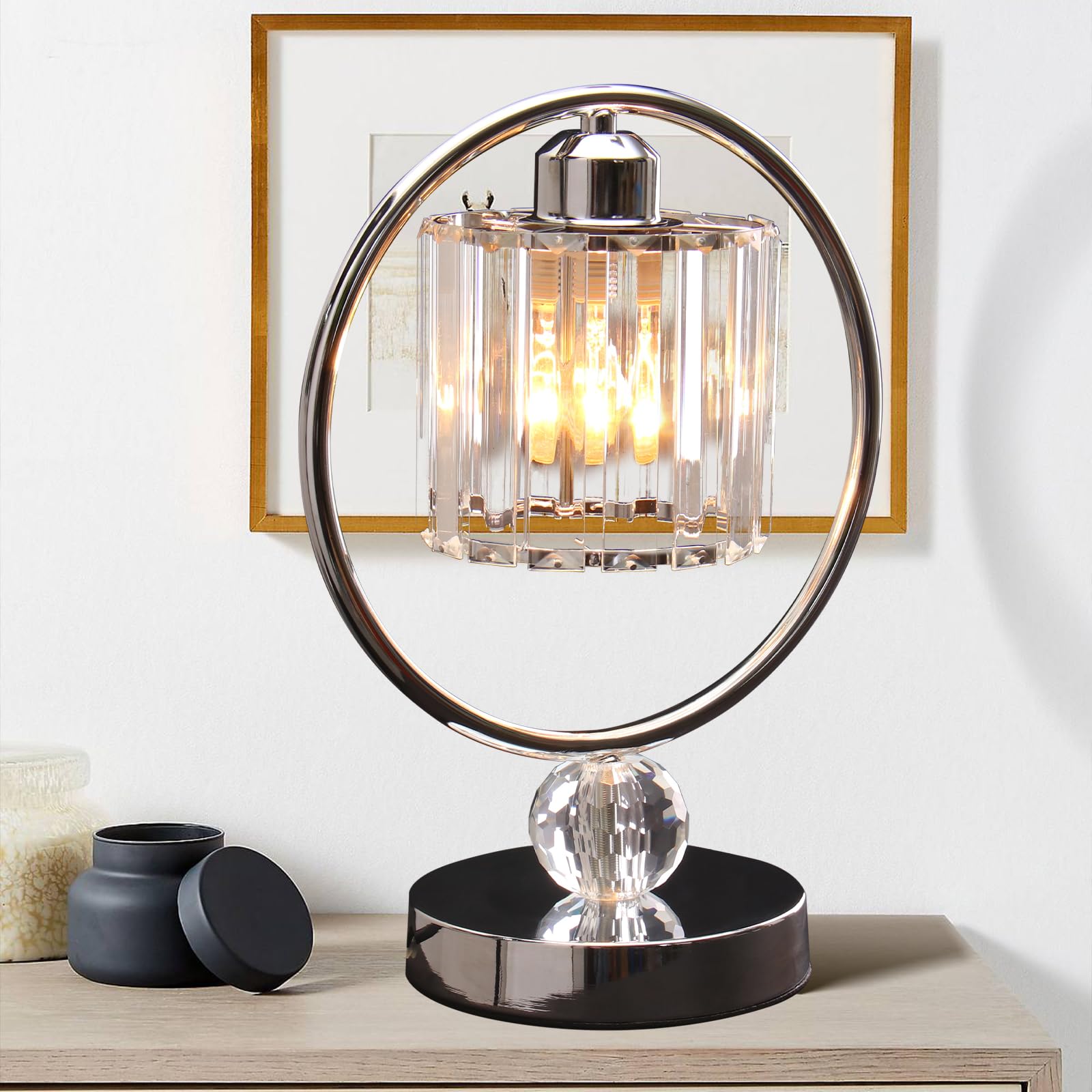Finktonglan Crystal Lamps Table Lamp For Night Stand Modern Table Lamp Metal Bedside Small Bedroom Lamps For Bedroom Nightstand Living Room Home Office(E26 Chrome)