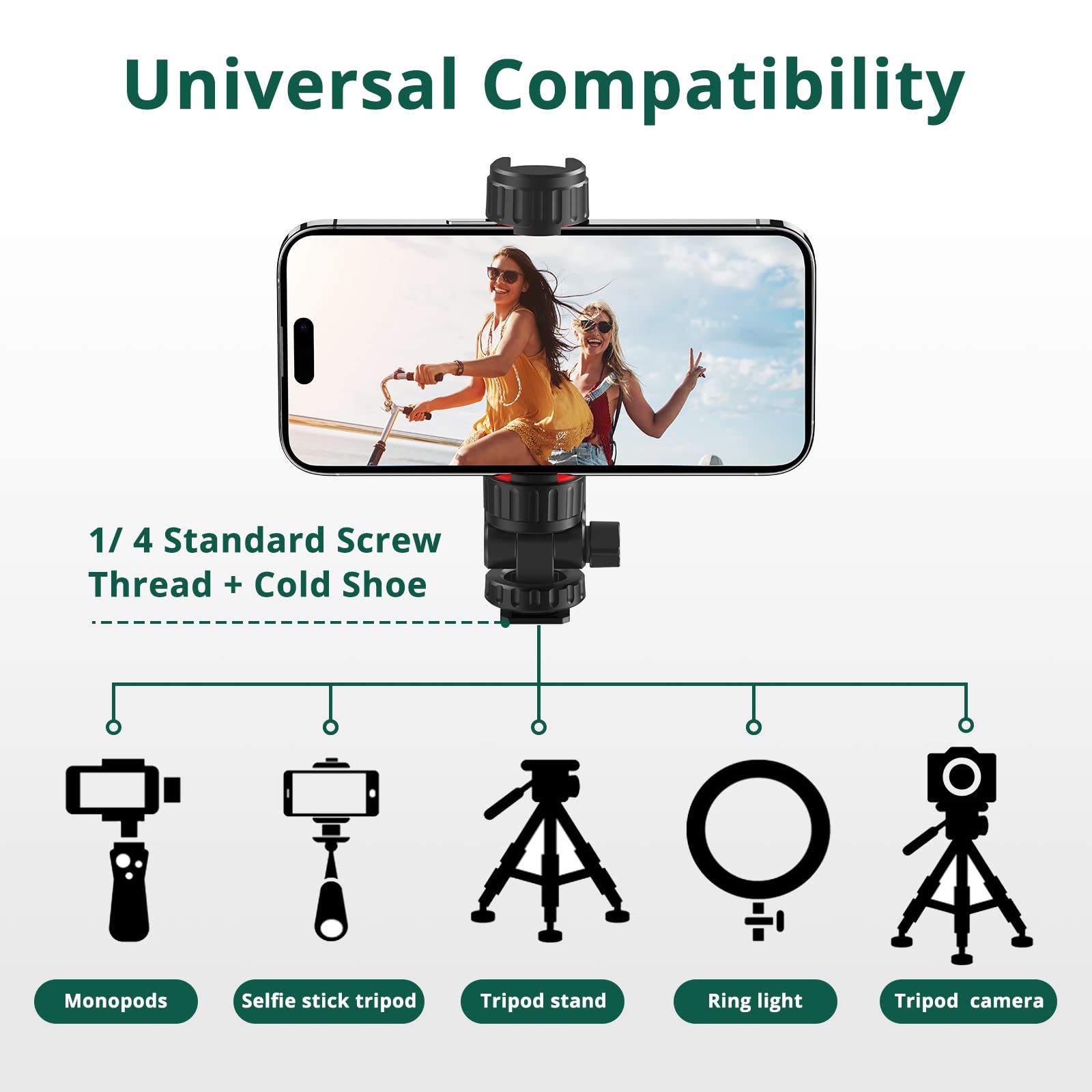 Atumtek Phone Tripod Mount, Universal Smartphone Mount Adapter With 2 Cold Shoe And 1/4" Standard Screw, 360° Rotates And 180° Tilts Adjustable Cell Phone Clamp Holder For Perfect Mobile Photography