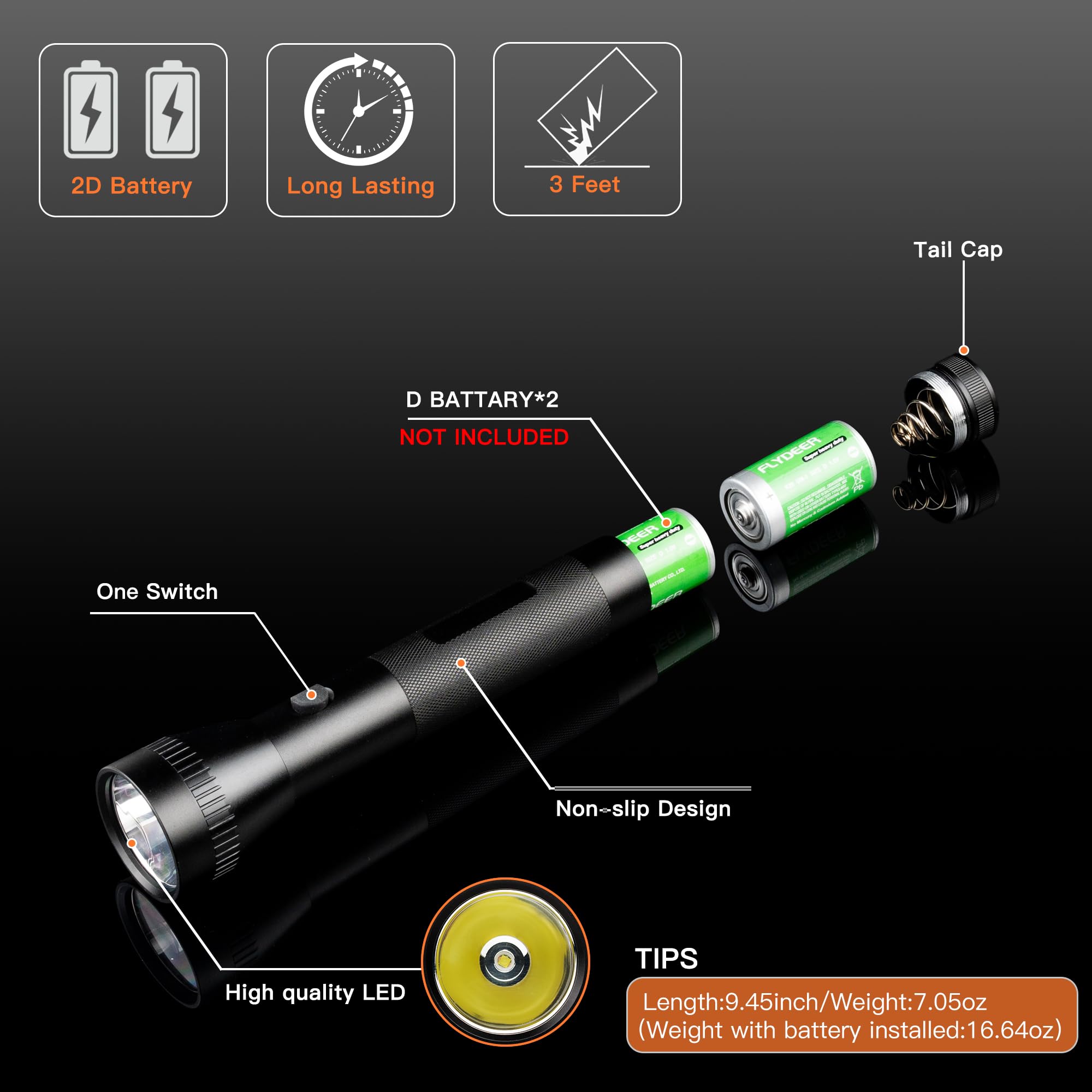 Kunhe 2D Cell Battery Big Flashlights Single Mode High Lumens Aluminum Heavy Duty Large Flashlight For Home Emergency Power Outage Outdoor Activities