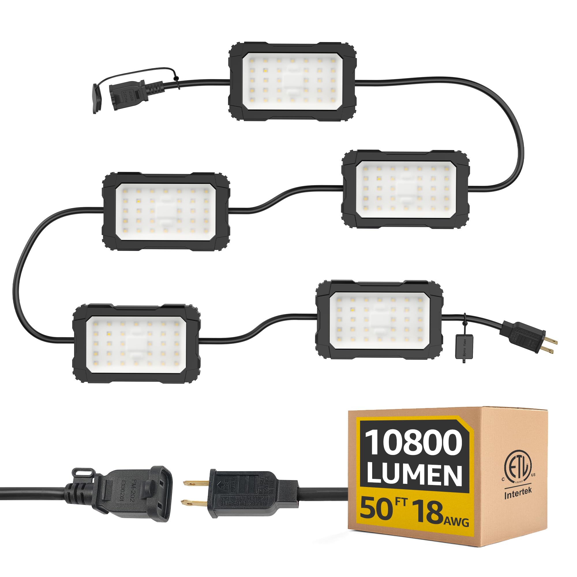 Omlite 90W Led String Lights:Etl Listed Bright Industrial Outdoor Temporary Lighting Hanging Ip65 Waterproof 18Awg Wire Work Construction Light For Attic Jobsite Garage