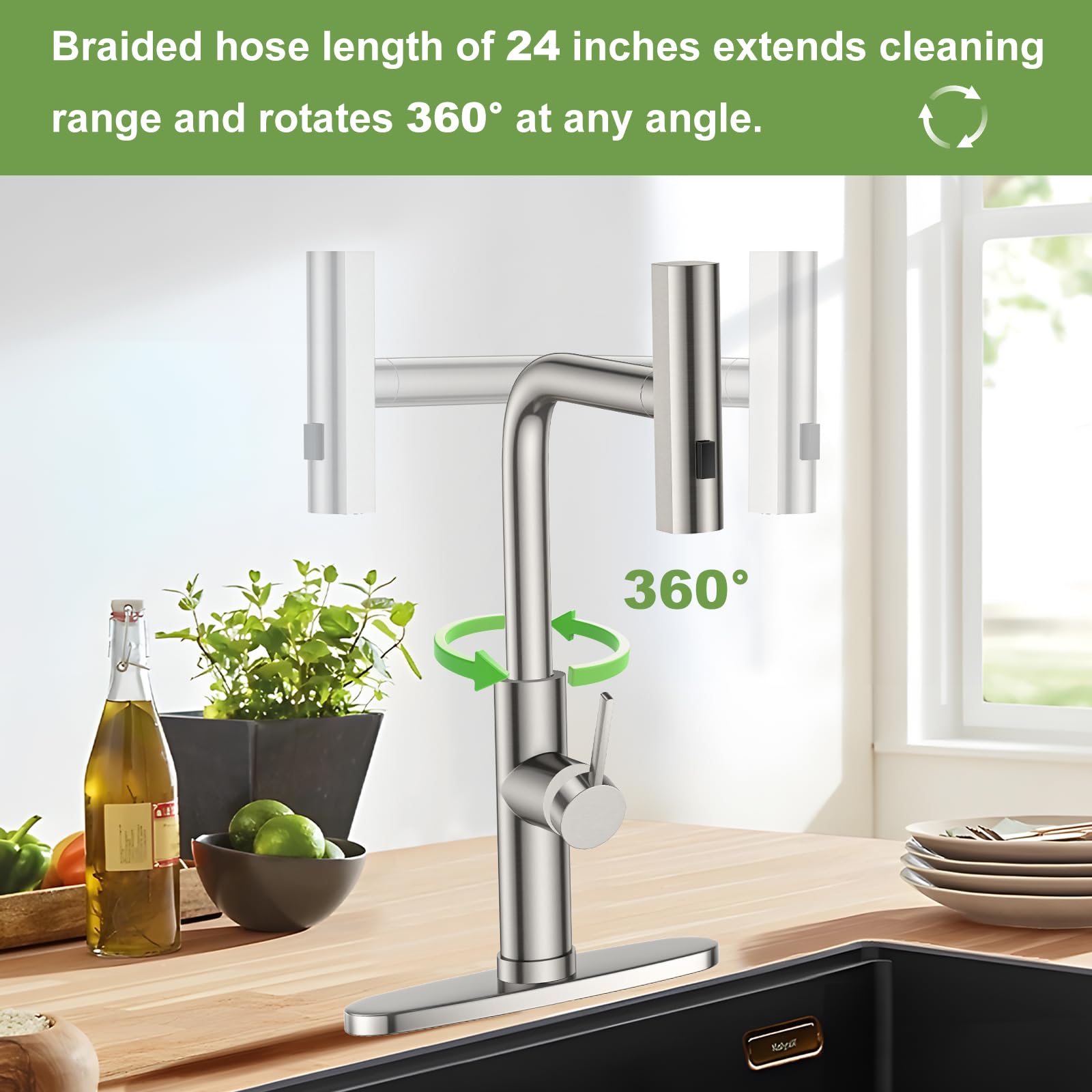 Pzto Rustproofing Stainless Steel Nickel Pull Down Kitchen Sink Faucet Waterfall 24” Cleaning Distance 360° Swivel 3 Cleaning Modes Switching Bubbles Powerful Kitchen Faucet