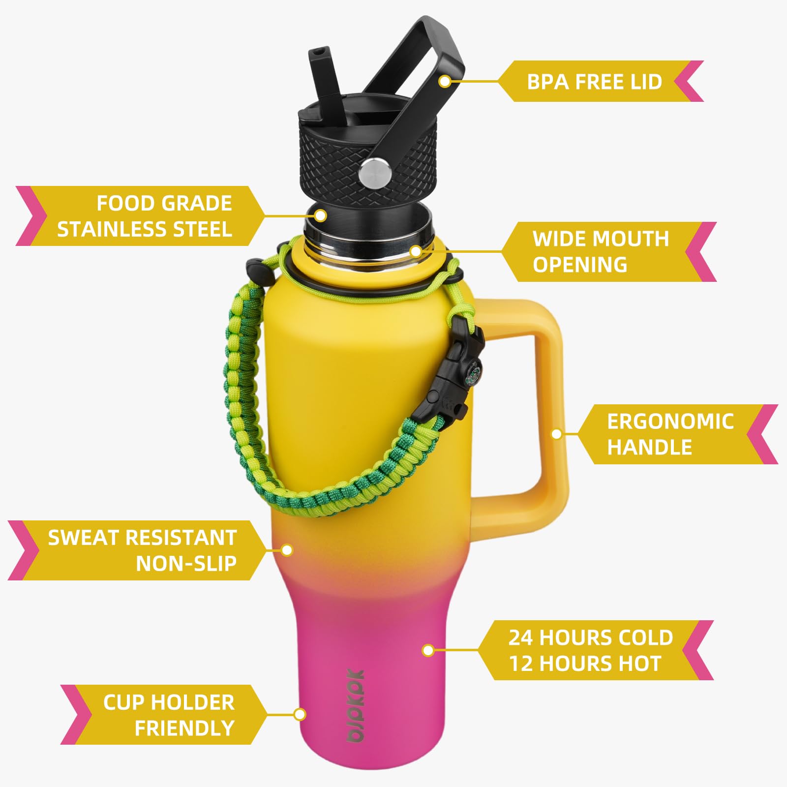 Bjpkpk Insulated Water Bottles With Straw Lid, 40Oz Metal Water Bottle With 2 Lids & Paracord
