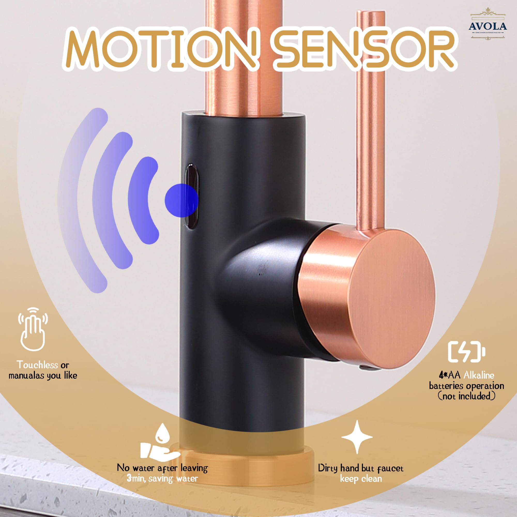 Avola Copper Pull Out Kitchen Faucet,Hands Touchless Kitchen Sink Faucets, Rose Gold Motion Sensor Activated Smart Hands Kitchen Faucets, Copper And Matte Black