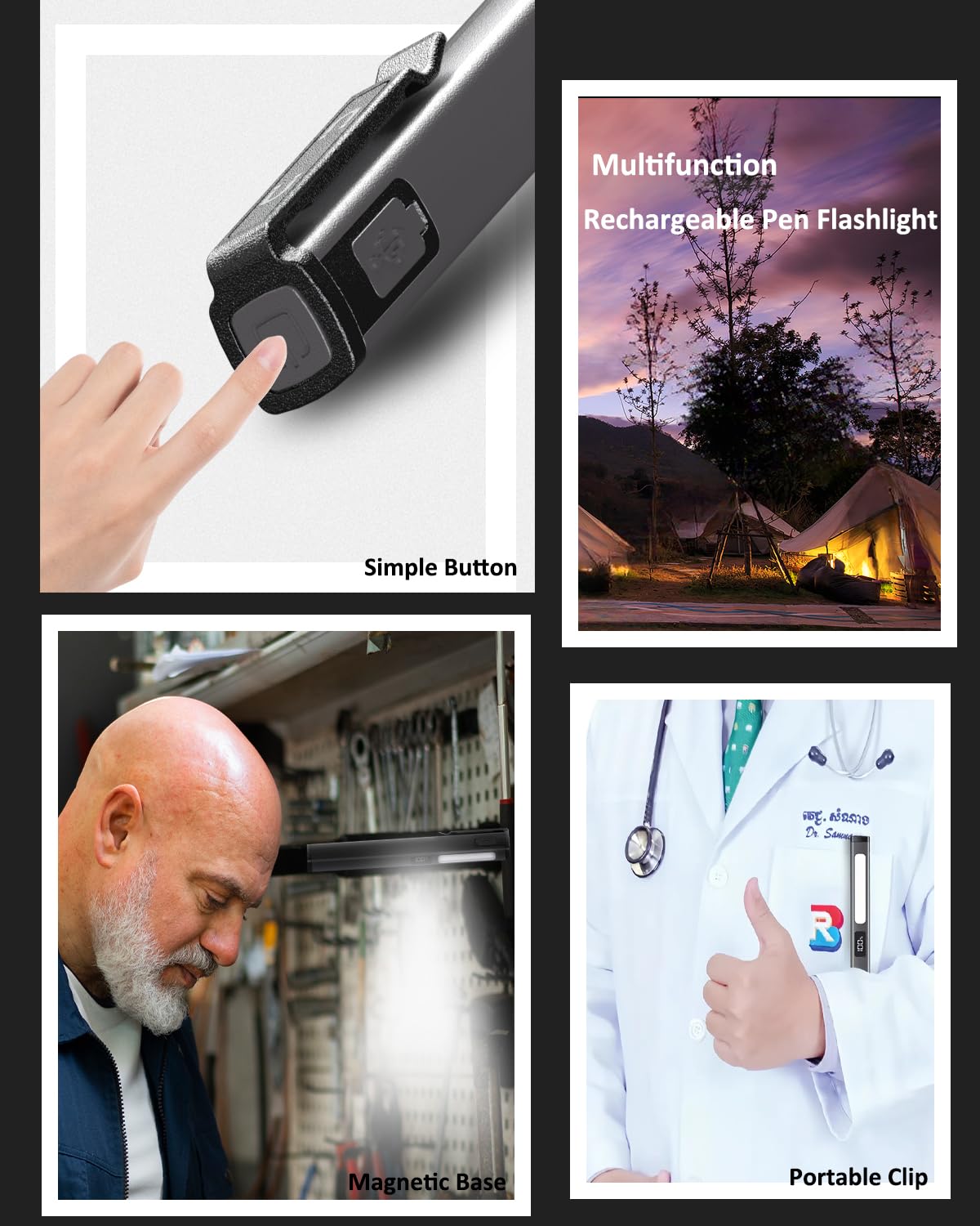 Cussity Rechargeable Pen Flashlights With Cob Lights, Led Pen Lights With 6 Light Modes, Pocket Flashlight With Clip With Led Power Display, Penlight For Camping/Inspection/Emergency,Green