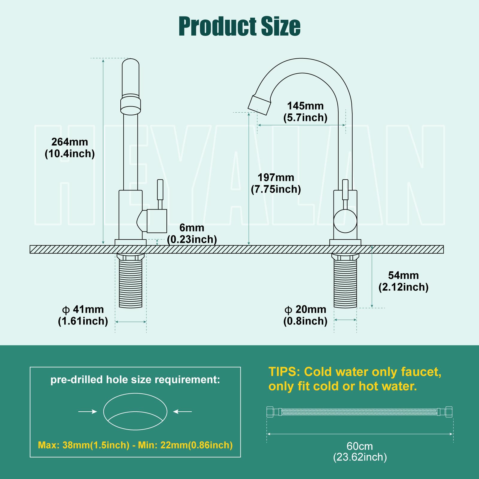 Heyalan Brushed Nickel Kitchen Faucet Cold Water Only 1 Hole Single Handle 360 Degree Swivel Spout Deck Mount High Arc Sus304 Sink Bar Tap Goose Neck With Hose And Longer Thread Pipe