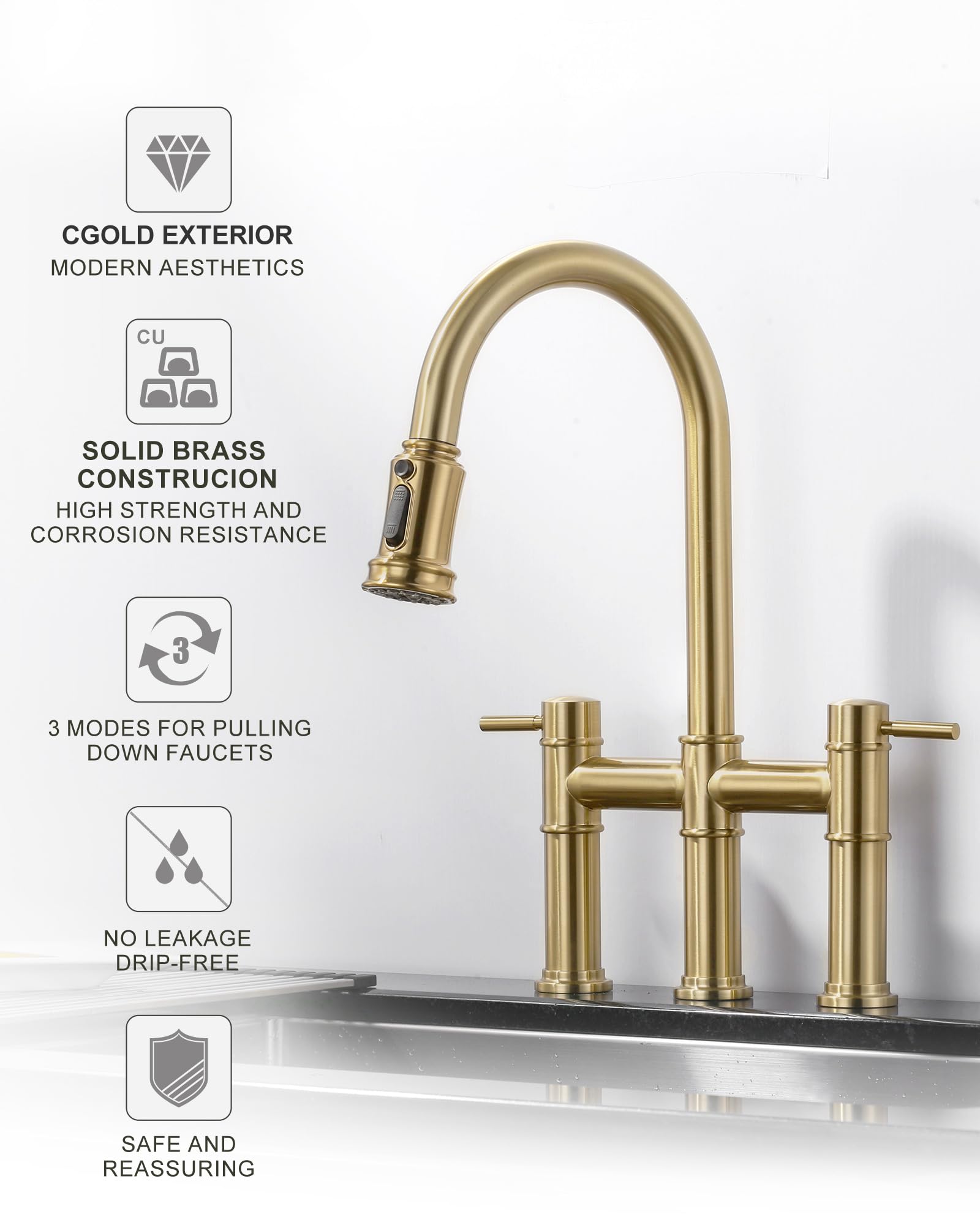 Iviga Bridge Faucet For Kitchen Sink: Gold Farmhouse 3 Hole Kitchen Faucet With Pull Down Sprayer (3 Spray Modes) - 2 Handle High Arc Brass Faucet With 360° Swivel, With Supply Lines