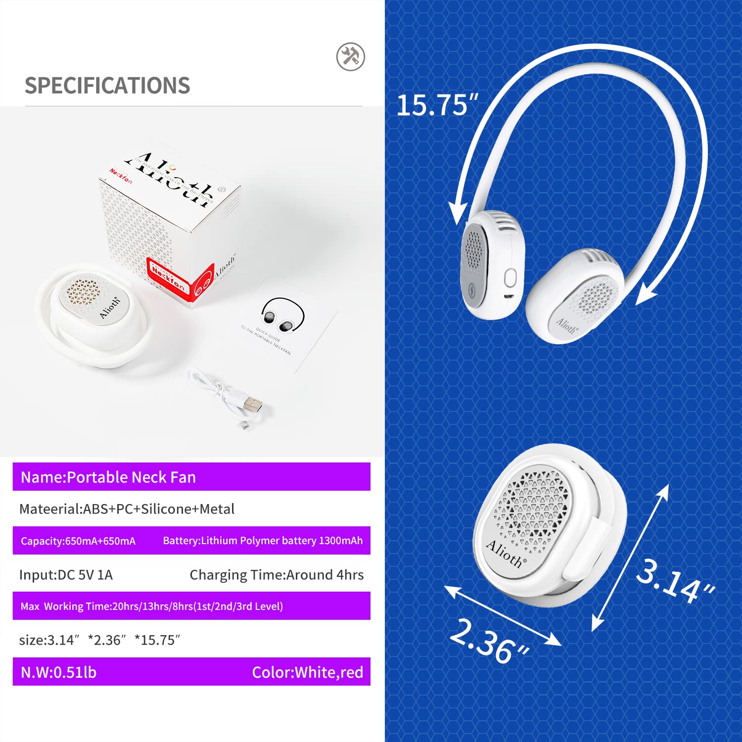 Alioth wearable neck fan with 360° rotatable design, bladeless, rechargeable for cooling while on-the-go