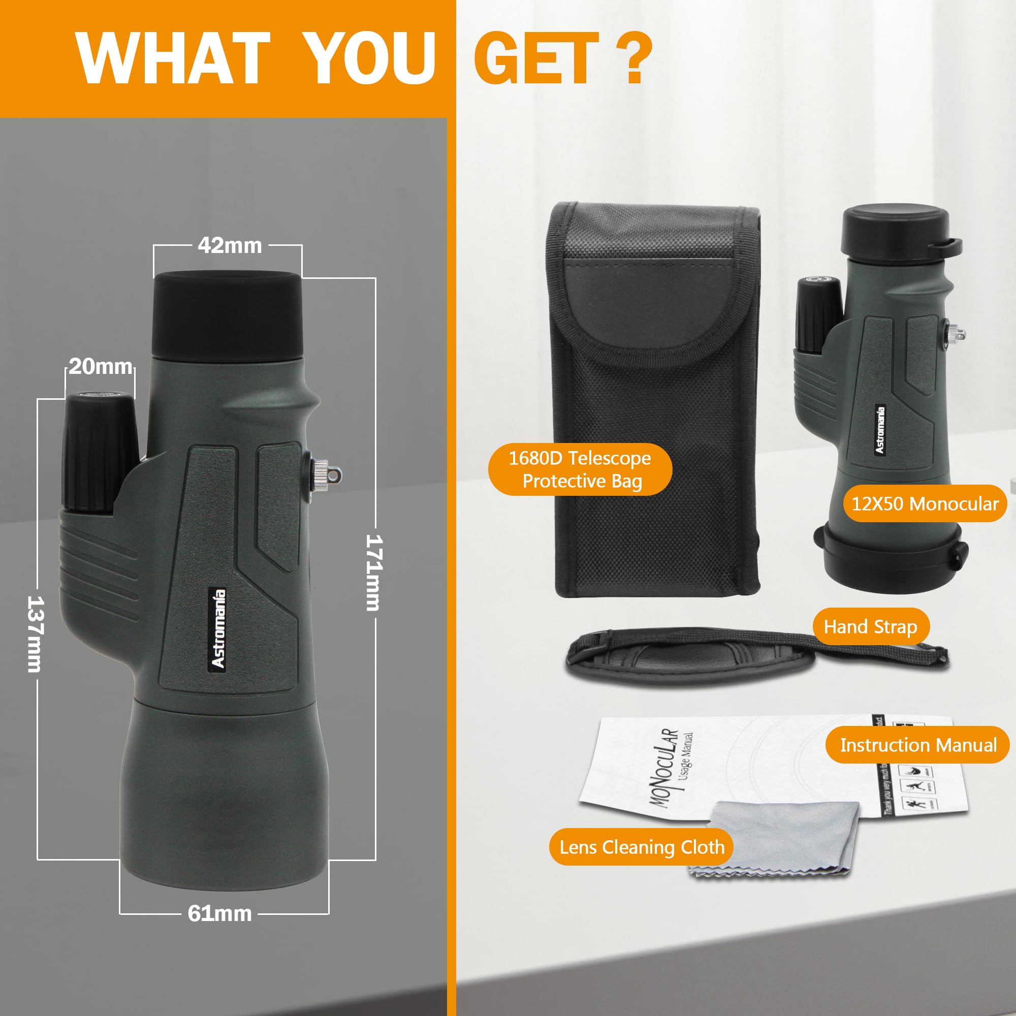 Astromania Monocular Telescope 12X50 Hd K9 Prism - High Power & Compact, Waterproof, Fogproof, Shockproof For Birdwatching, Camping, Wildlife - Multi-Coated Optics, Rubber Armor & Non-Slip Grip