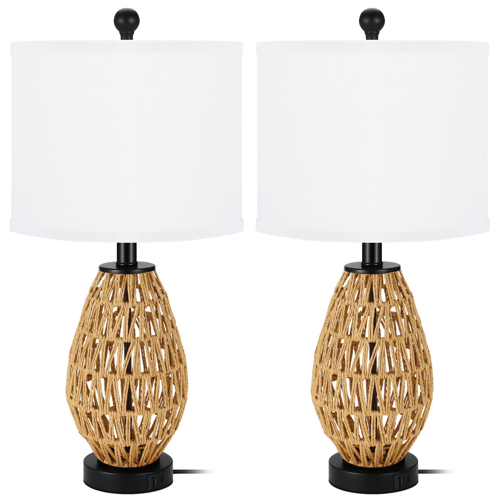 Tpamswo Coastal Table Lamps Set Of 2, Retro Rattan Woven 24" Bedside Lamp, For Bedroom Living Room Home Nightstand Table Lamp(With Usb C+A 5V 2.1A Charging Ports)