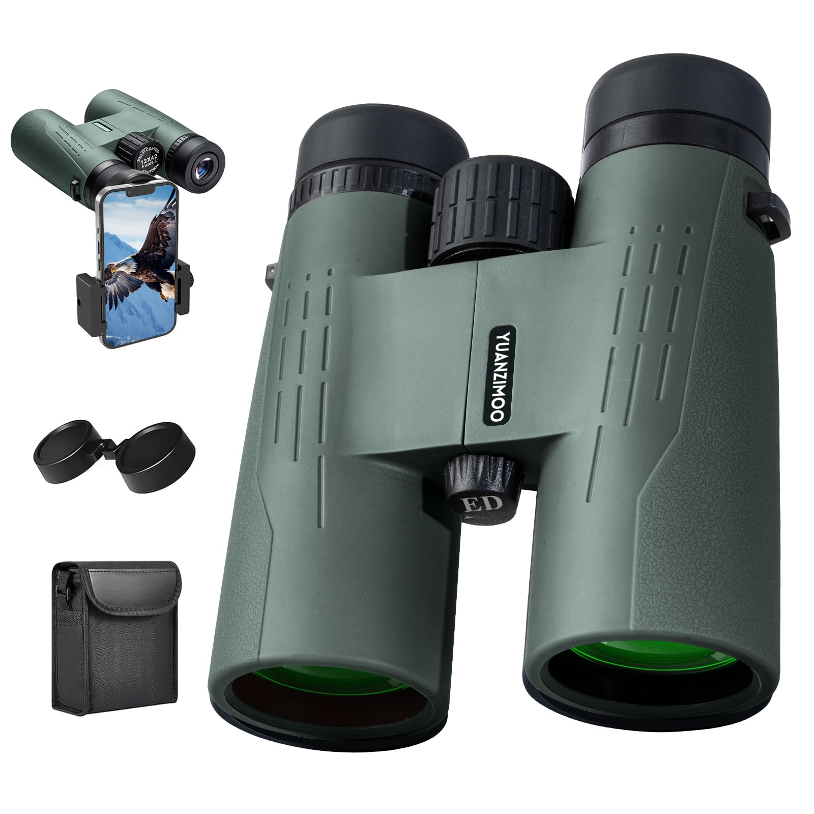 Yuanzimoo 12X42 Hd Binoculars For Adults High Powered Binoculars With  Phone Adapter Waterproof Compact Binocular With Low Light Night Vision For Bird Watching Hunting Outdoor Sports Concerts Green