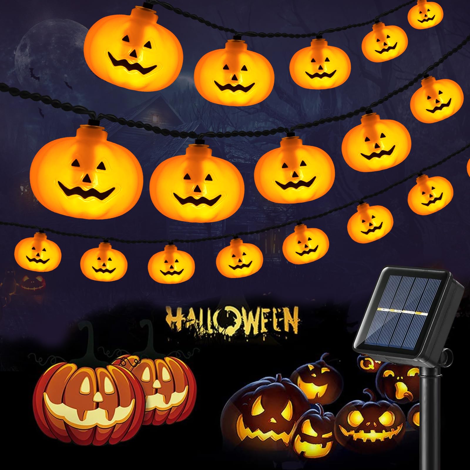 X-Giftkey Solar Pumpkin Lights For Halloween Decorations Outdoor,16Ft 30Led 3D Jack-O-Lantern With Unique Halloween Party  Decor,Solar Halloween String Lights For Yard Ghost Party Decor Orange