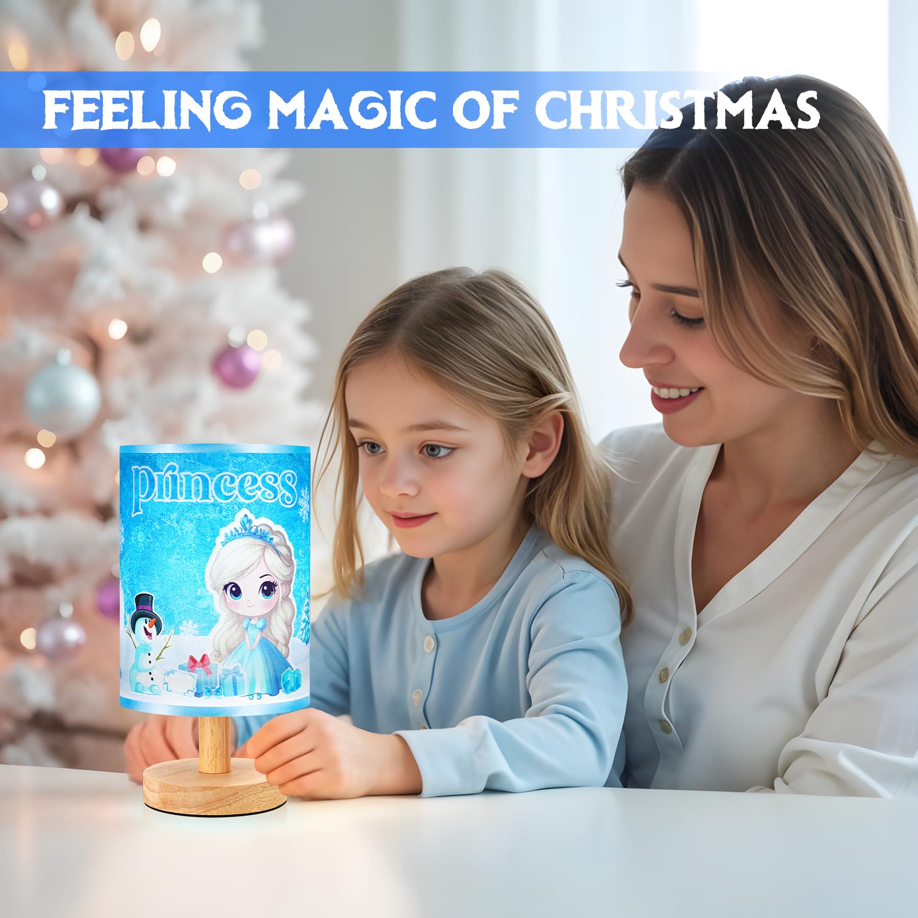 Nuunuy Kids Table Lamp For Girls Room Decor, Wooden Base Round Princess Cartoon Lampshade, Birthday & Christmas For Girls
