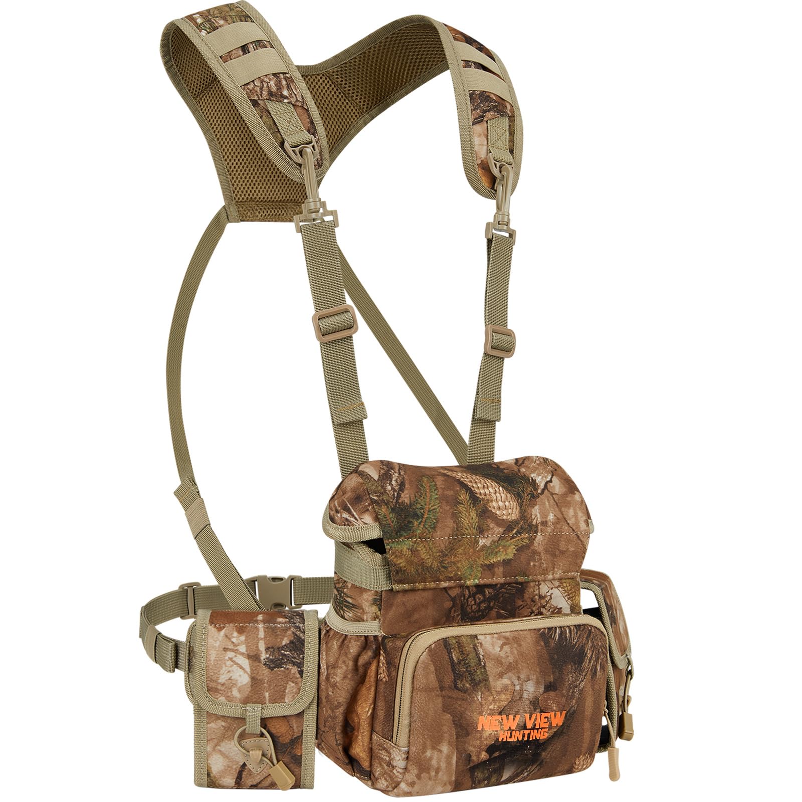 Binocular Harness Chest Pack With Detachable Rangefinder Pouch, Adjustable Bino Harness & Rain Cover, Ideal For Hunting, Hiking - Camo & Quiet L