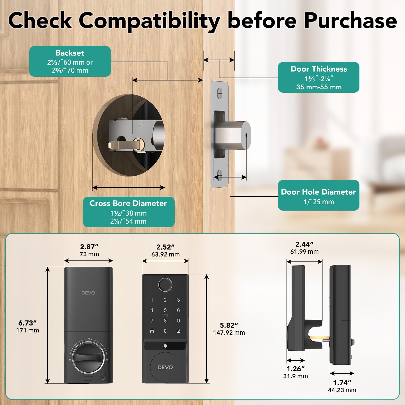Devo G3 Door Lock For Front Door, 6 In 1 Fingerprint Keyless Entry Door Lock, Built-In Wi-Fi Smart Lock Deadbolt With App Remote Control, Easy Install No Hub, Ip54 Waterproof, Auto-Lock