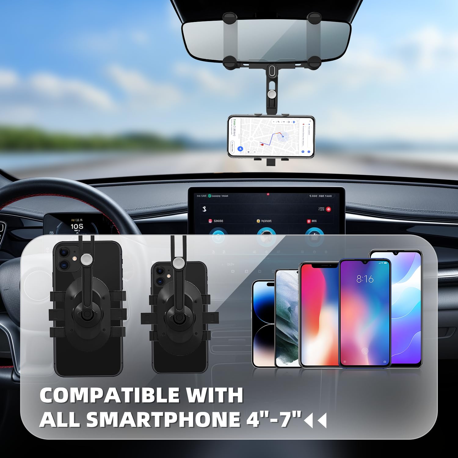 Sxhyf Rear View Mirror Phone Holder,  Rotatable And Retractable Car Phone Mount, Cell Phone Holder Car Fit For Iphone 11 12 13 14 Pro Max Samsung All Phone