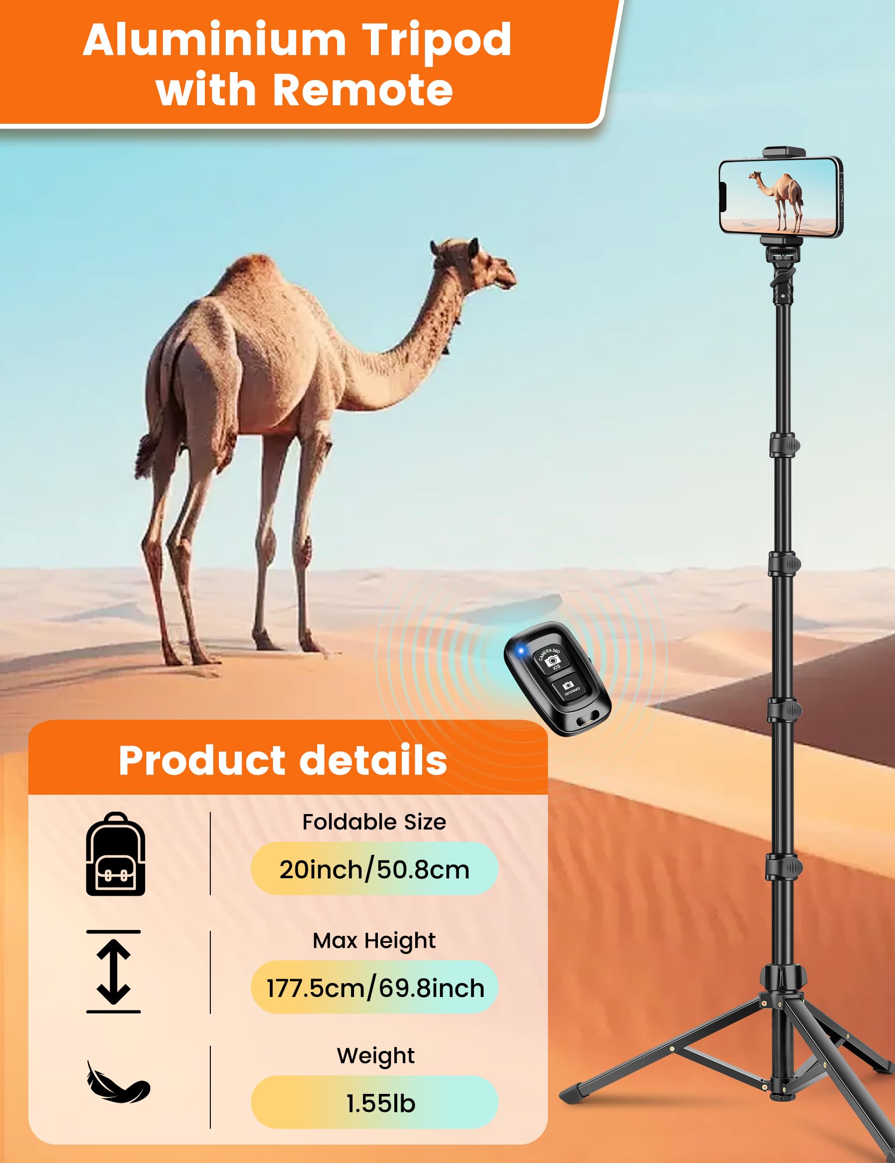 Victiv 69" Cellphone Tripod Stand For Phone & Camera, Portable Tripod For Iphone With Remote Phone Holder, Selfie Stick For Smartphone, Compatible With Iphone/Android