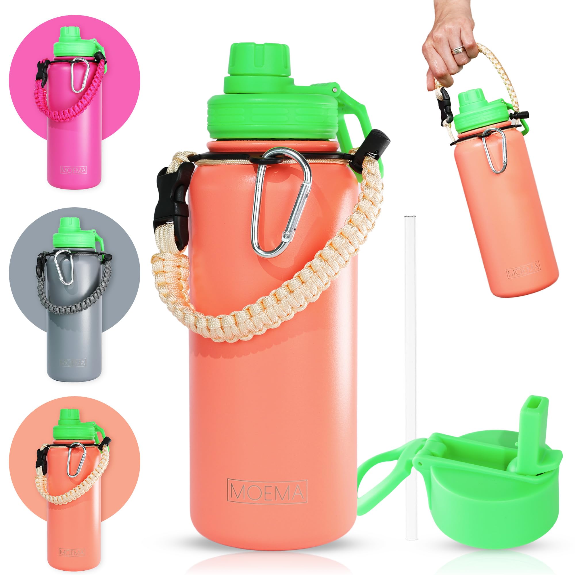 32Oz Insulated Water Bottle With Paracord Handle And Straw, Stainless Steel Cup With 2 Lids & Straw