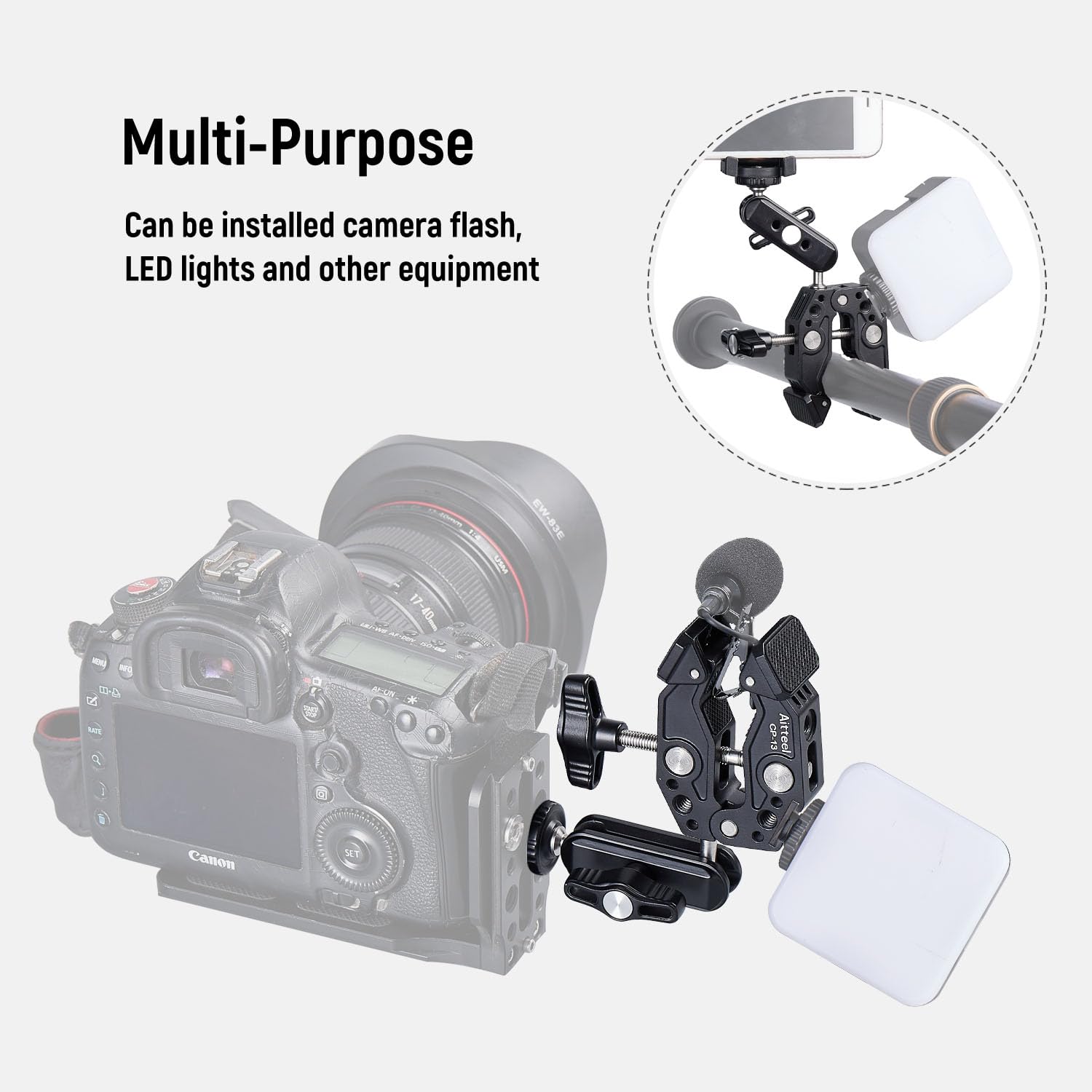 Aitteel Super Clamp Magic Arm, Dual Ball Head, Expandable Cold Shoe 1/4 3/8 Threaded For Desktop, Tripod, Outdoor, Railing, For Cameras, Sports Cameras, Dslrs, Cell Phones, Gopro, Microphones Monitors, Leds