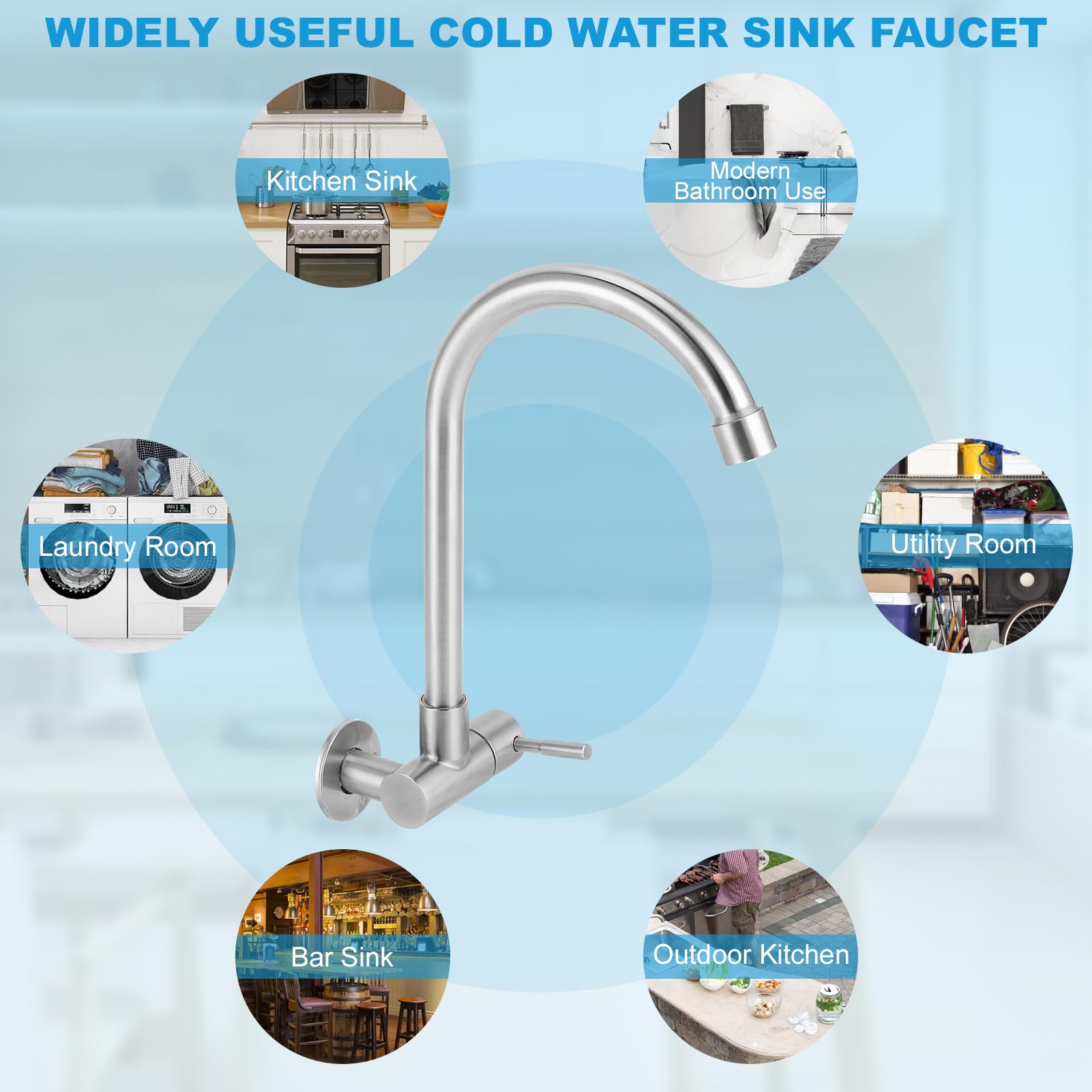 Pilipane Kitchen Faucet, Wall-Mounted 360 Rotatable, Stainless Steel, Brushed Chrome, Silver