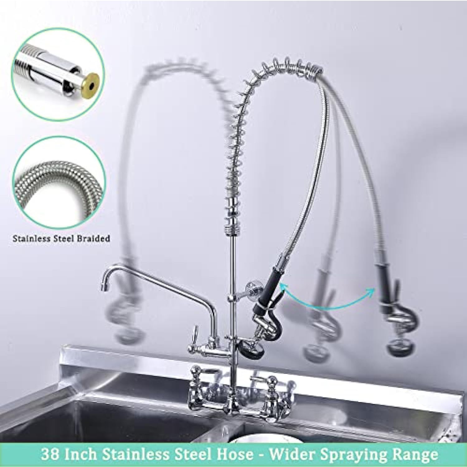 Golrean Commercial Sink Faucet With Pre Rinse Sprayer, Wall Mount Kitchen Faucet For 3 Compartment Sink, 36" Height, 8 Inch Restaurant Commercial Faucet With 12’’ Spout, Brass, Industrial