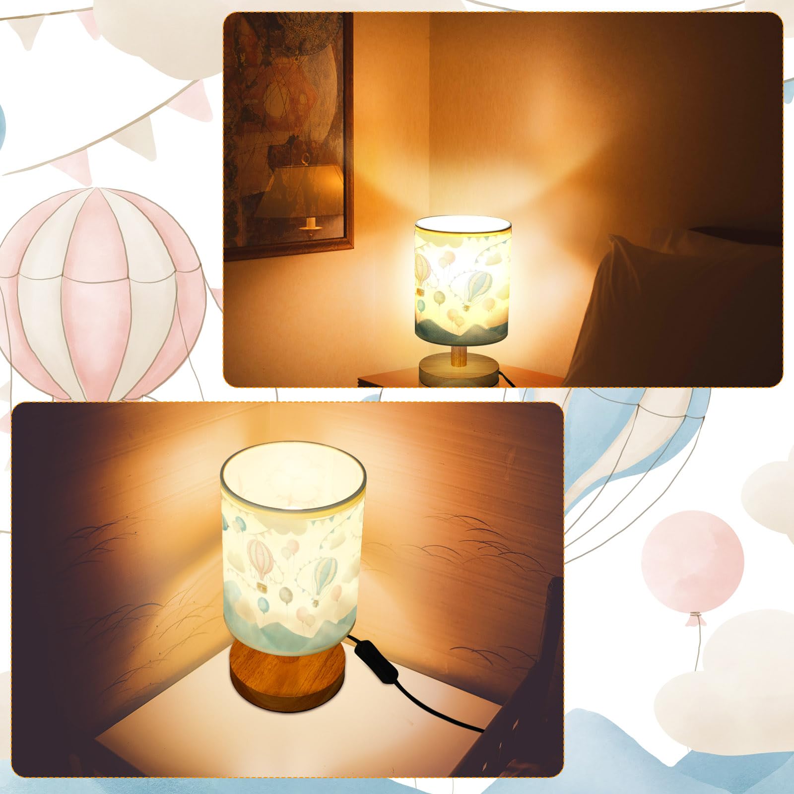 Vihose Hot Air Balloon Table Lamp For Bedroom Kids Bedside Lamp With Linen Wooden Nightstand Lamp Cartoon Nursery Lamp Lampshade For Girls Boys Living Room