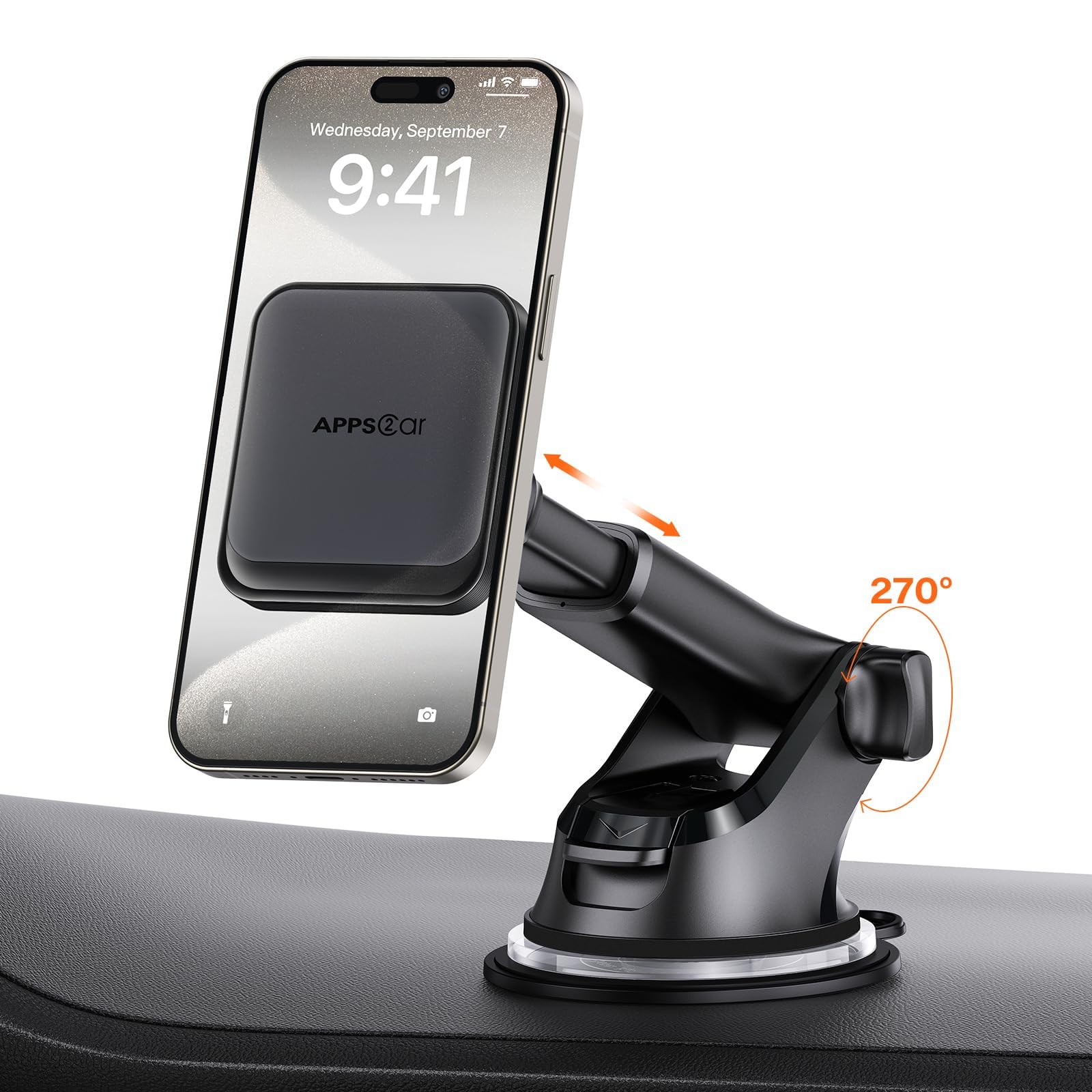 Apps2Car For Magsafe Car Mount, Magnetic Phone Holder For Car With Suction Cup, 17 Strong Magnets & Adjustable Arm, Dashboard & Windshield Phone Mount Compatible With Magsafe Case Iphone 12–15 Series